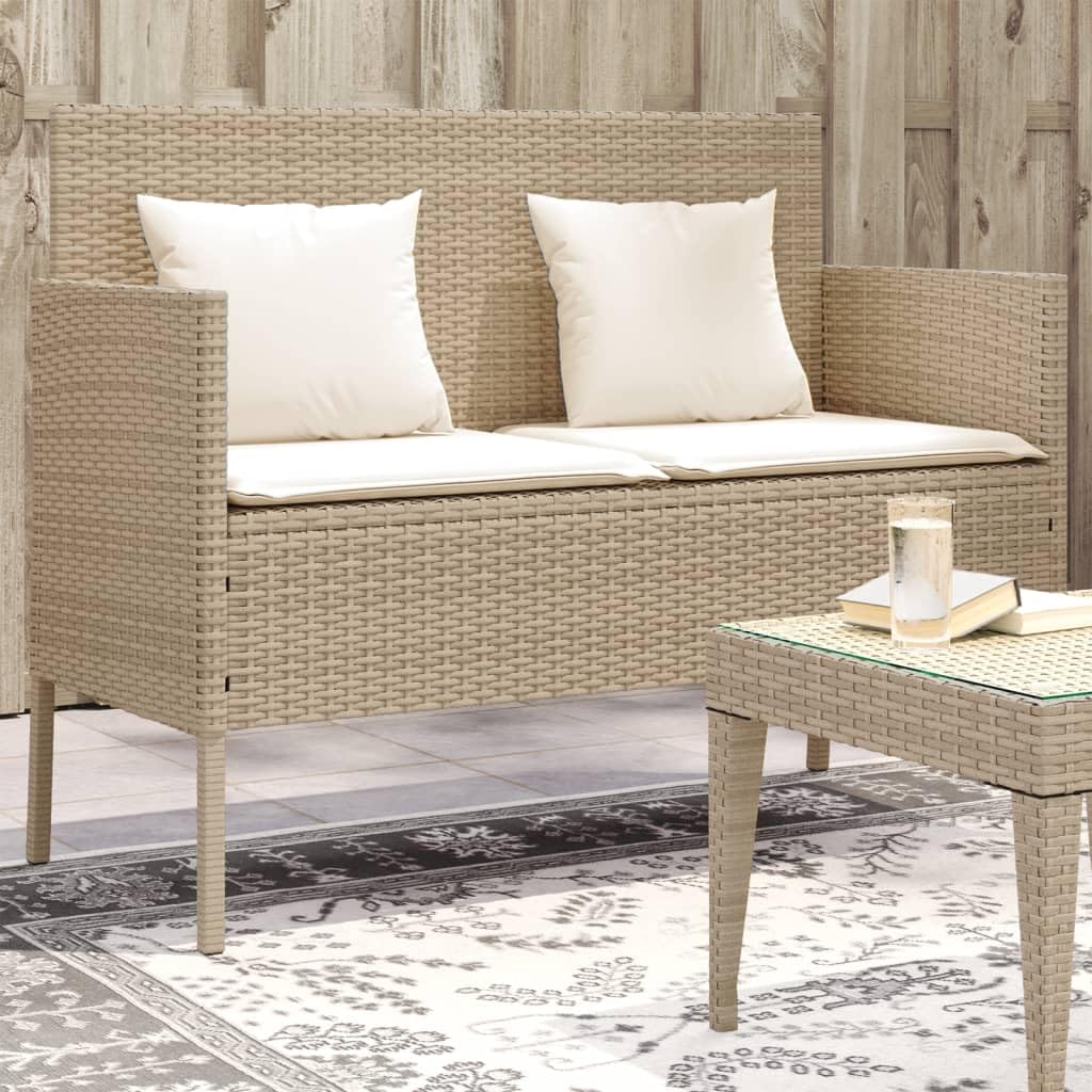 vidaXL Beige Poly Rattan Patio Bench with Cushions - Outdoor Loveseat for Garden, Deck, Poolside - Weather-Resistant Storage Furniture