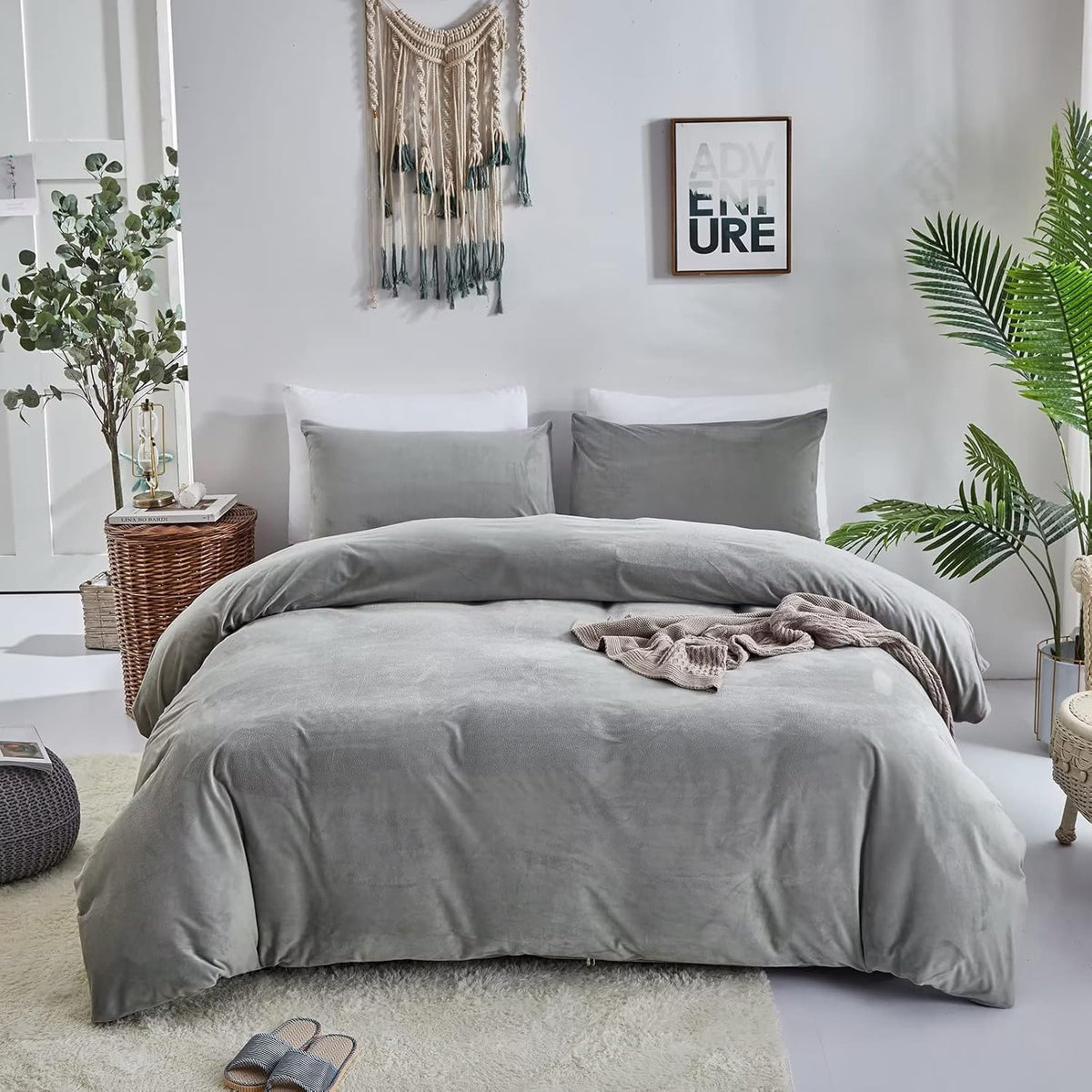 Houseri Grey Velvet Comforter Set California King Fluffy Light Grey Bedding Sets Grey Sherpa Cal King Comforter Sets Light Gray