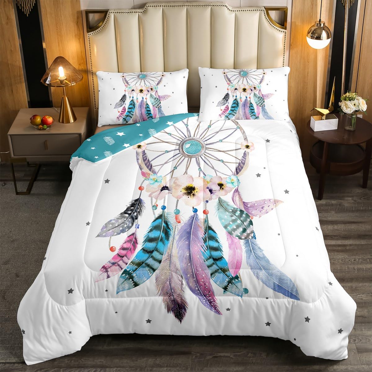 Dream Catcher Comforter Set Full,Boho Chic Dreamcatcher Feather Bedding Set Watercolor Bohemian Flower Quilt Comforter For Kids