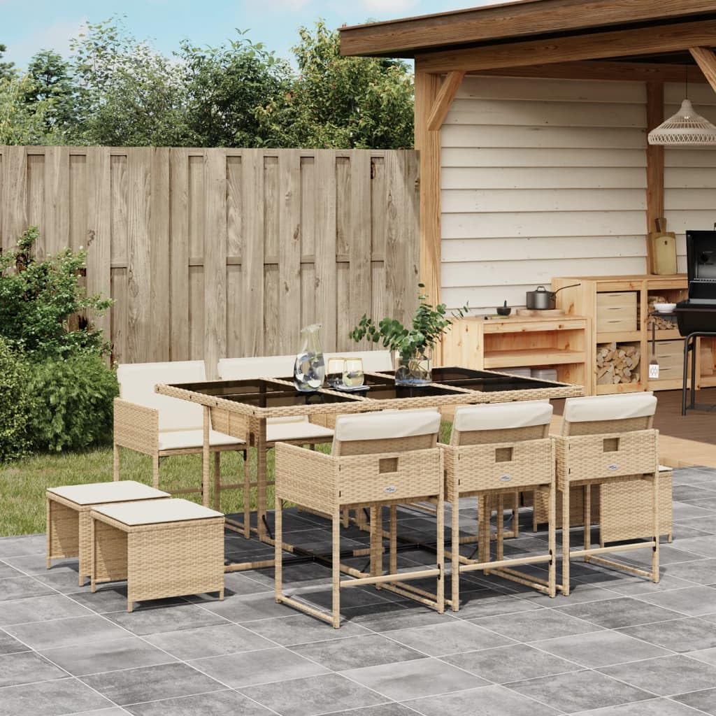 vidaXL 11-Piece Patio Dining Set - Beige Poly Rattan with Cushions, Includes Rectangular Glass Table, Chairs and Stools, Outdoor/Garden Furniture