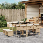 vidaXL 11-Piece Patio Dining Set - Beige Poly Rattan with Cushions, Includes Rectangular Glass Table, Chairs and Stools, Outdoor/Garden Furniture