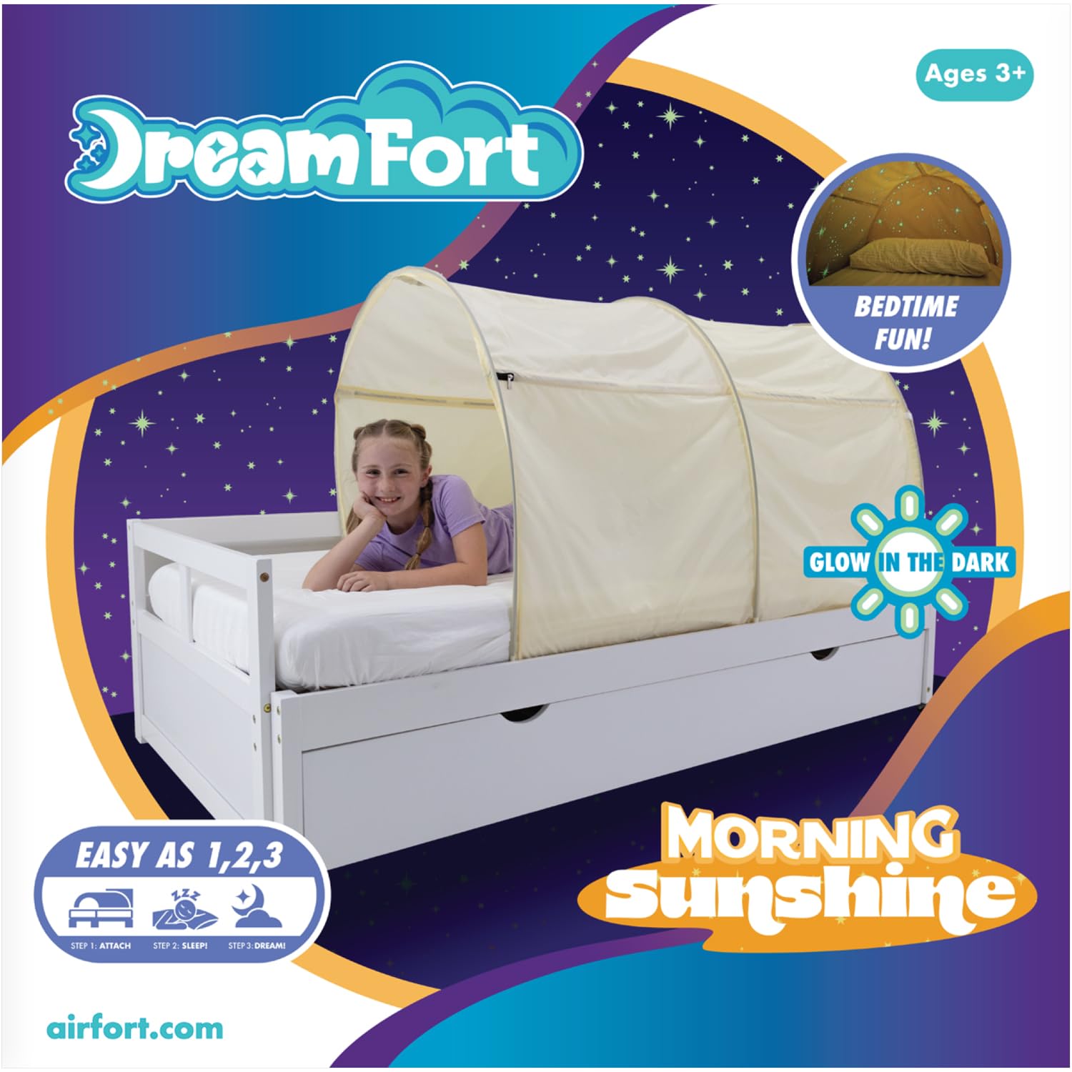 Air Fort Original Dreamfort - Pop Up Portable Twin Bed Canopy - Glow In The Dark Stars (Morning Sunshine)