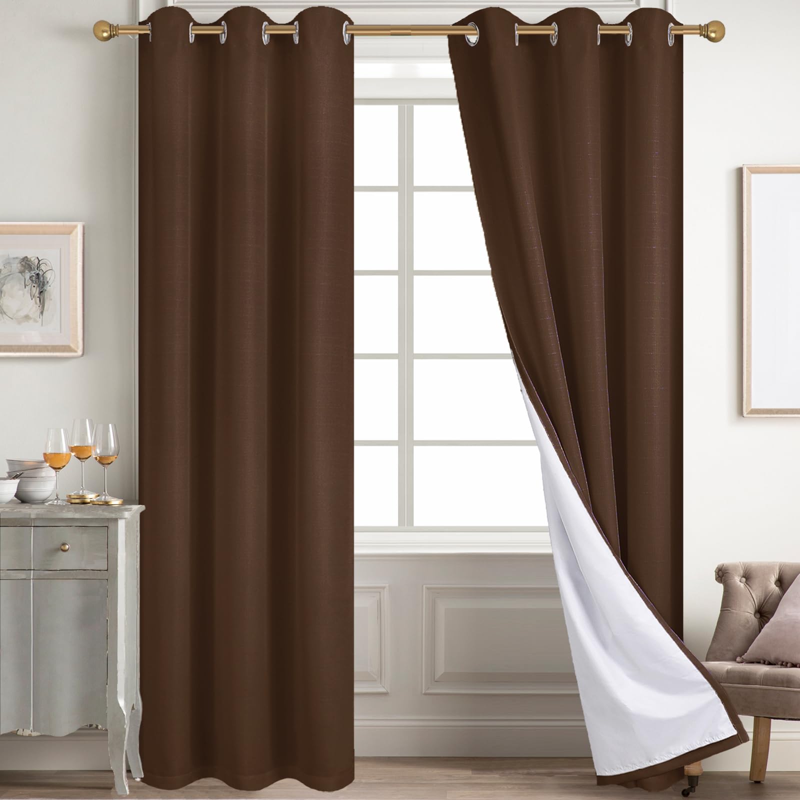 Diraysid 100% Blackout Curtains Chocolate Brown Linen Curtains For Bedroom Grommet Thermal Insulated Room Darkening Drapes (2 Pa