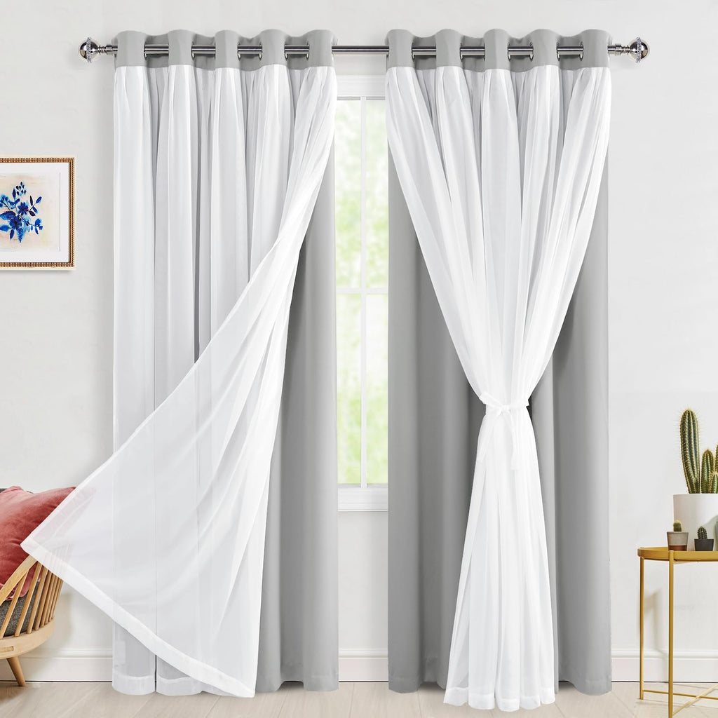 Hiasan Silver Grey Blackout Curtains with Sheer 84 Inches Long, Thermal Insulated Double Layer Room Darkening Curtains for Bedro