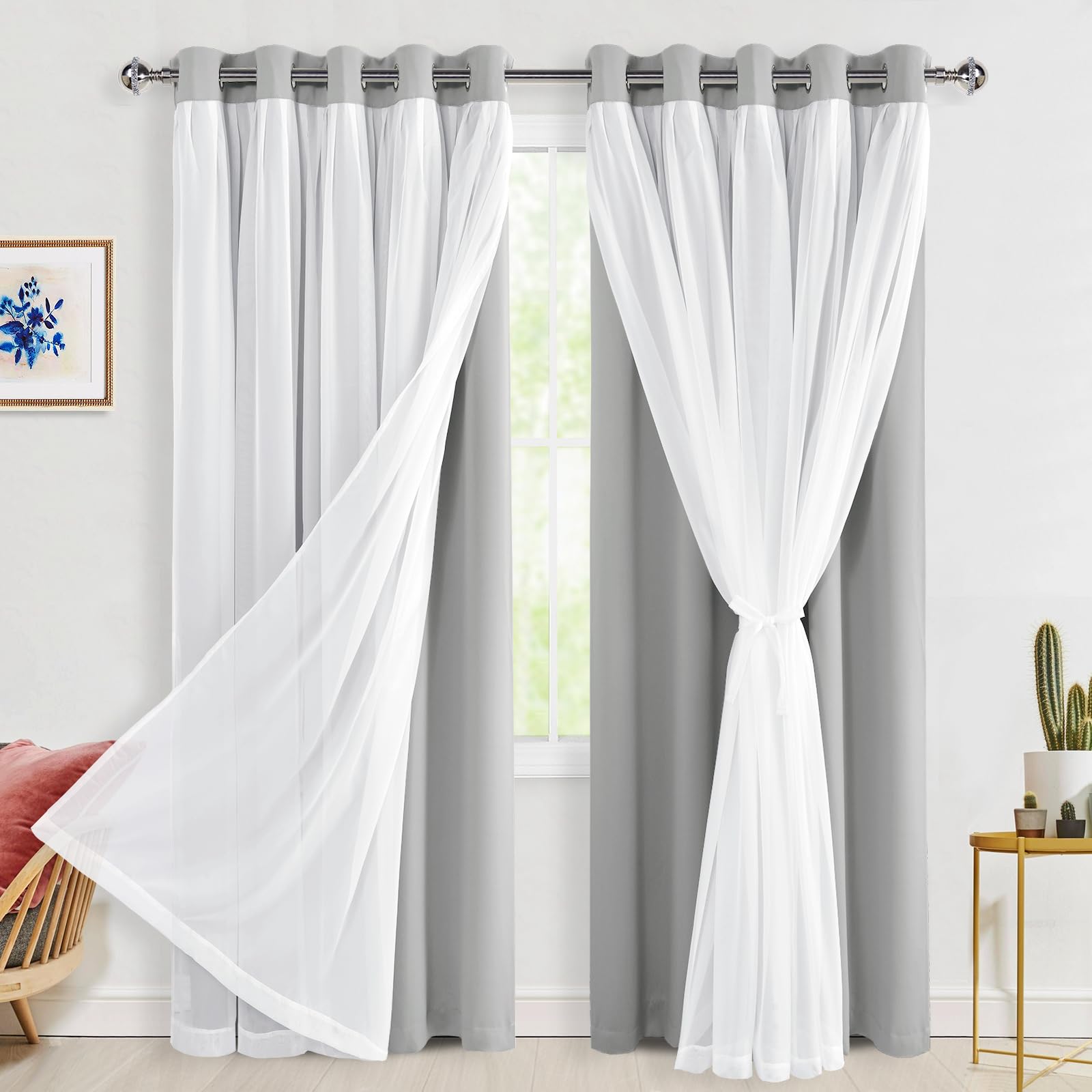 Hiasan Silver Grey Blackout Curtains with Sheer 84 Inches Long, Thermal Insulated Double Layer Room Darkening Curtains for Bedro