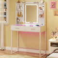 HUAHUU Vanity Desk with Mirror and LED Lights, 31 Small Makeup Vanity with Glass Top & Power Outlet, Vanity with 3 Colors Light,