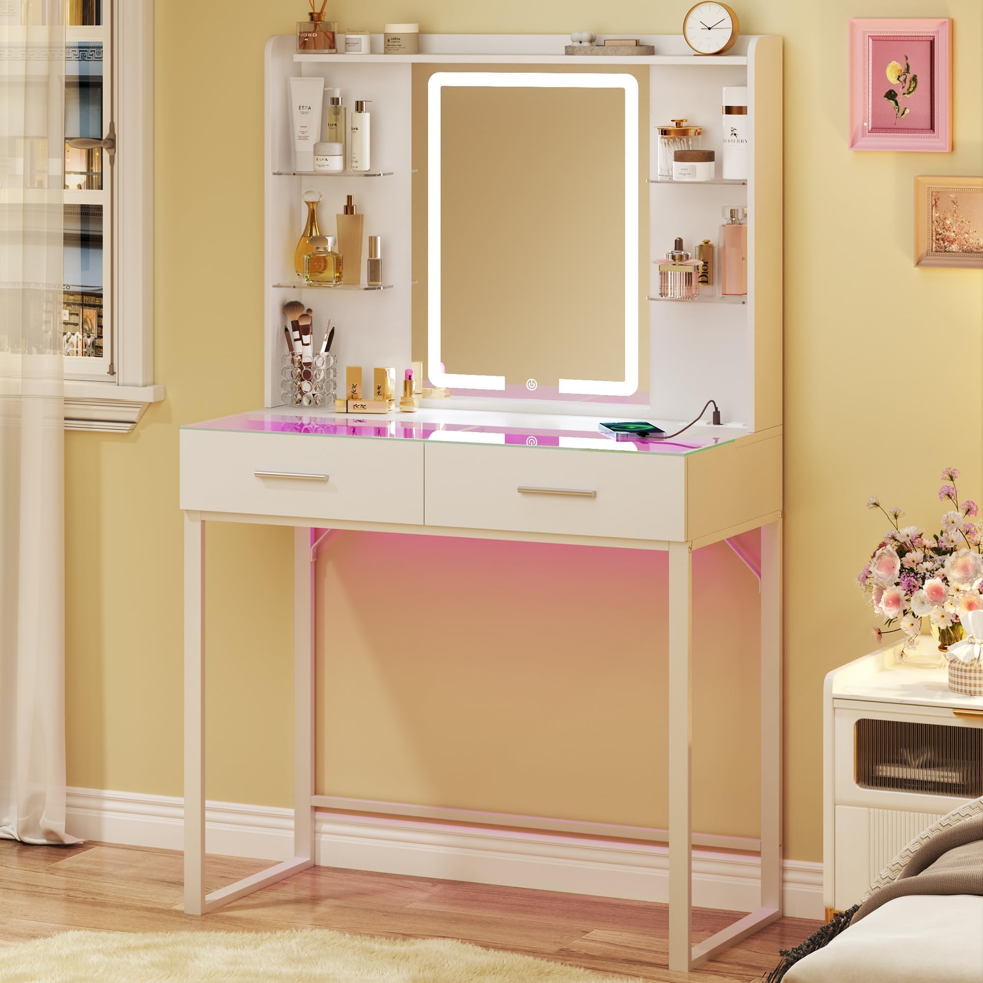 HUAHUU Vanity Desk with Mirror and LED Lights, 31 Small Makeup Vanity with Glass Top & Power Outlet, Vanity with 3 Colors Light,