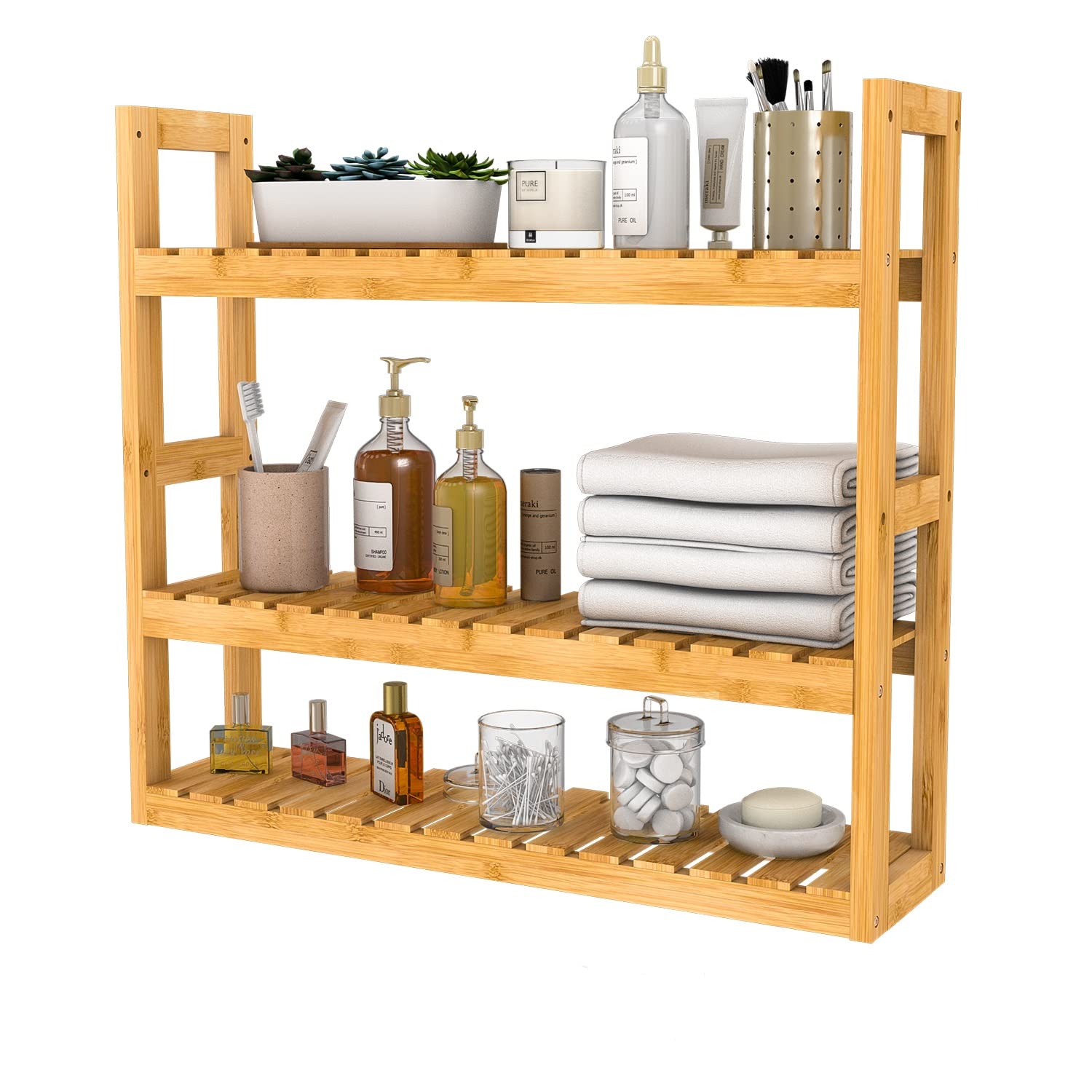 Domax Bamboo Bathroom Shelf 3-Tier Wall Mount Storage Rack Multifunctional Adjustable Layer Free Standing Over Toilet Utility Sh