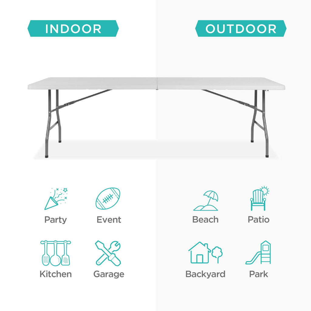 Best Choice Products 8ft Folding Table, Heavy Duty Portable Plastic Indoor Outdoor, White, 96" L x 30" W