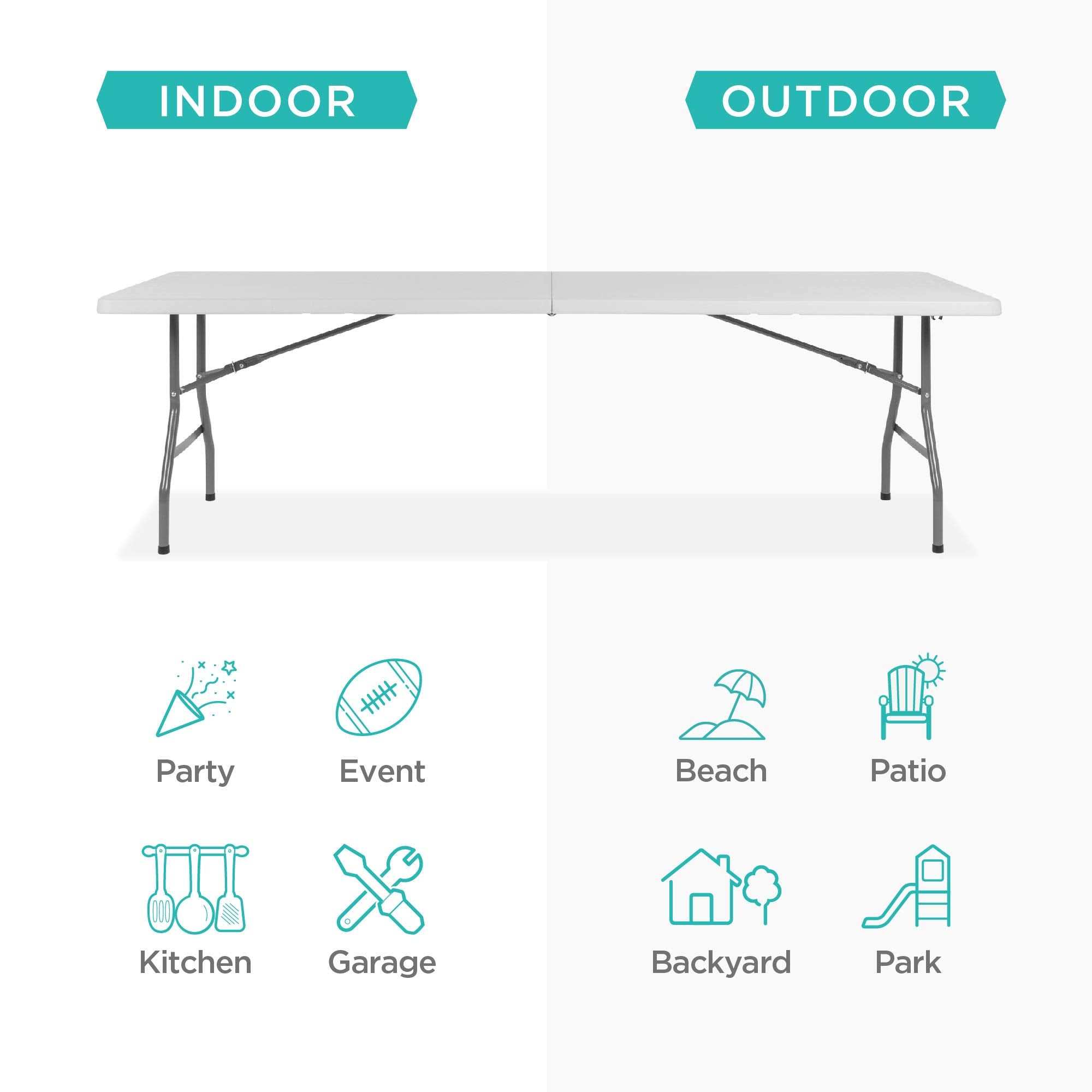 Best Choice Products 8ft Folding Table, Heavy Duty Portable Plastic Indoor Outdoor, White, 96" L x 30" W