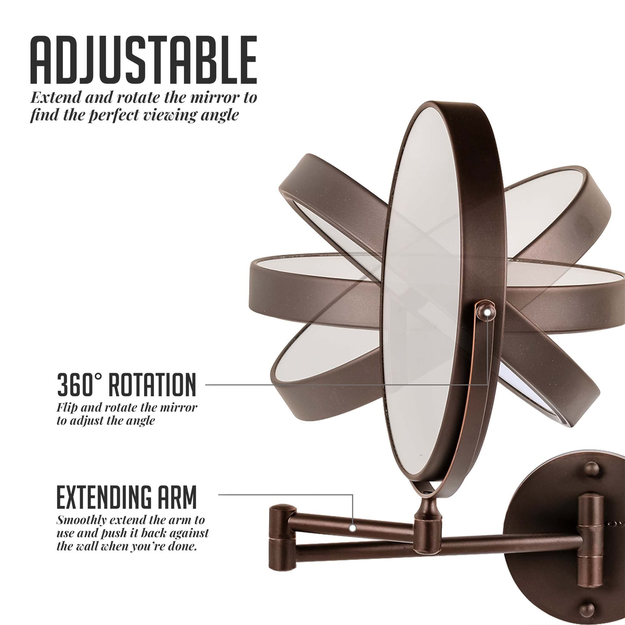 Ovente 9' Wall Mount Makeup Mirror, 1X & 10X Magnifier, Adjustable Spinning Double Sided Round Reflection, Extend, Retractable