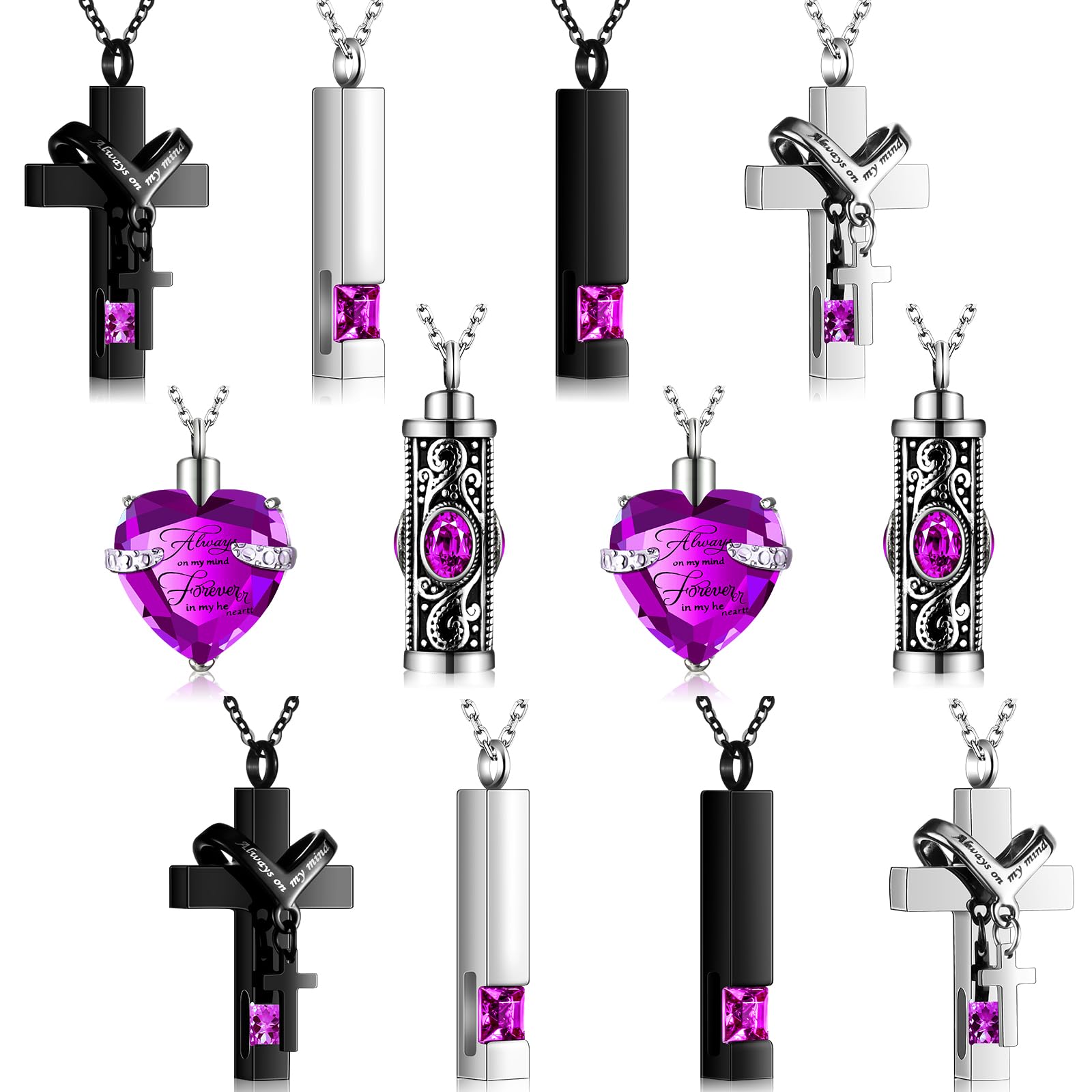 Henoyso 12 Pcs Urn Necklace for Ashes Bulk Cremation Cross Heart Cubic Jewelry Stainless Steel Memorial Locket for Men Women(Pur