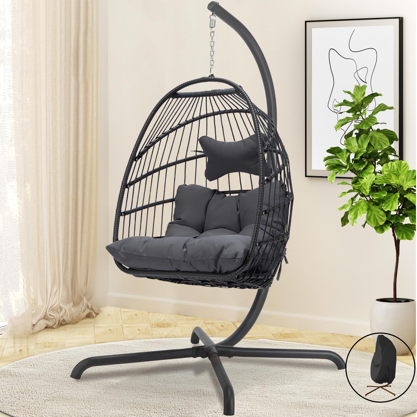 Bulexyard Swing Egg Chair With Stand Indoor Outdoor Wicker Rattan Patio Basket Hanging Chair With Uv Resistant Cushions 350Lbs C