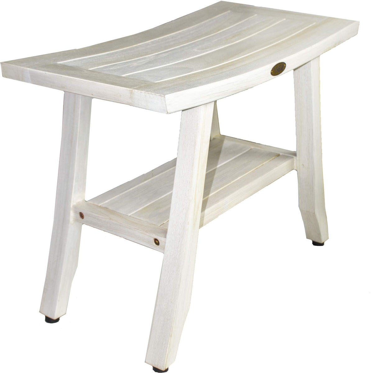 HomeRoots Sandy Driftwood Compact Curviliniear Teak Shower/Outdoor Bench with Shelf in Driftwood Finish