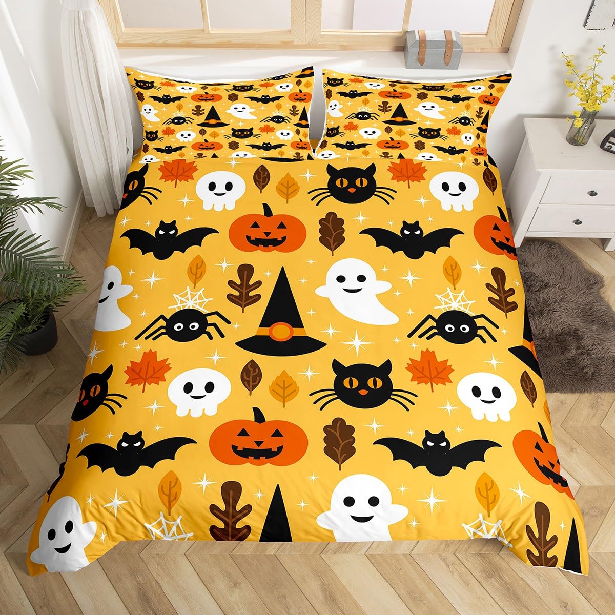 Erosebridal Halloween Duvet Cover King Cartoon Pumpkin Comforter Cover Lantern Bedding Ghost Quilt Cover for Kids Boys Girls Bed