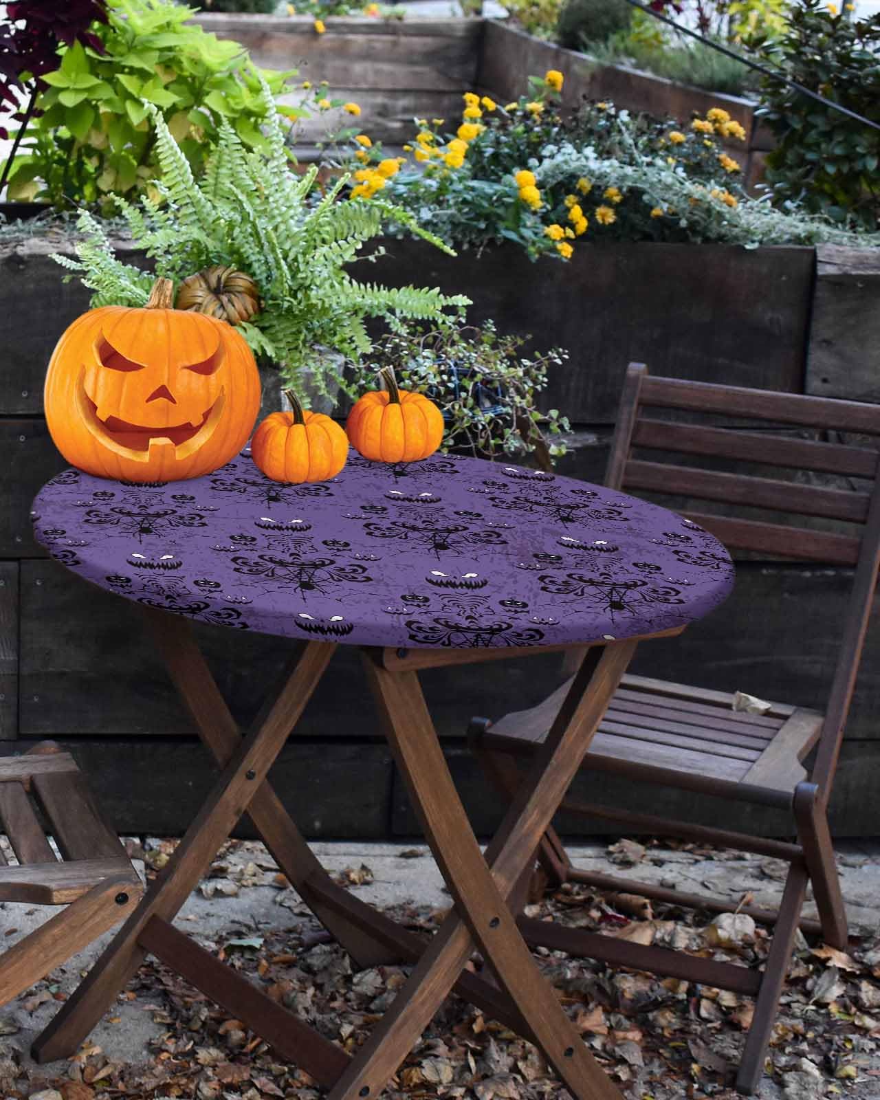 Halloween Ghost Spiders Fitted Round Tablecloth,Horror Theme Table Cover With Elastic Edge Waterproof Table Cloth,Purple Back Circle Table Covers For Kitchen Indoor Outdoor Picnic Party 55-60In