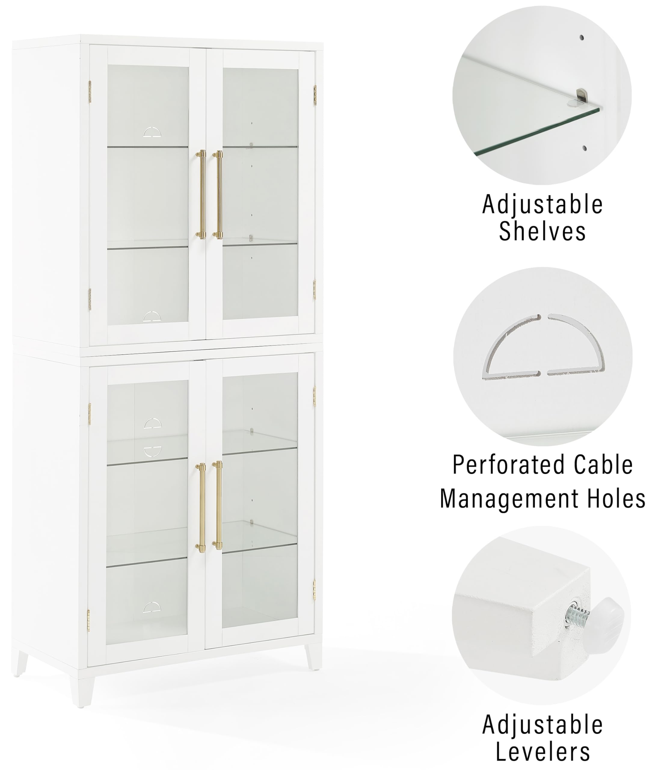 Crosley Furniture Roarke Glass Door Kitchen Pantry Storage Cabinet with Doors and Shelves, Living Room, White