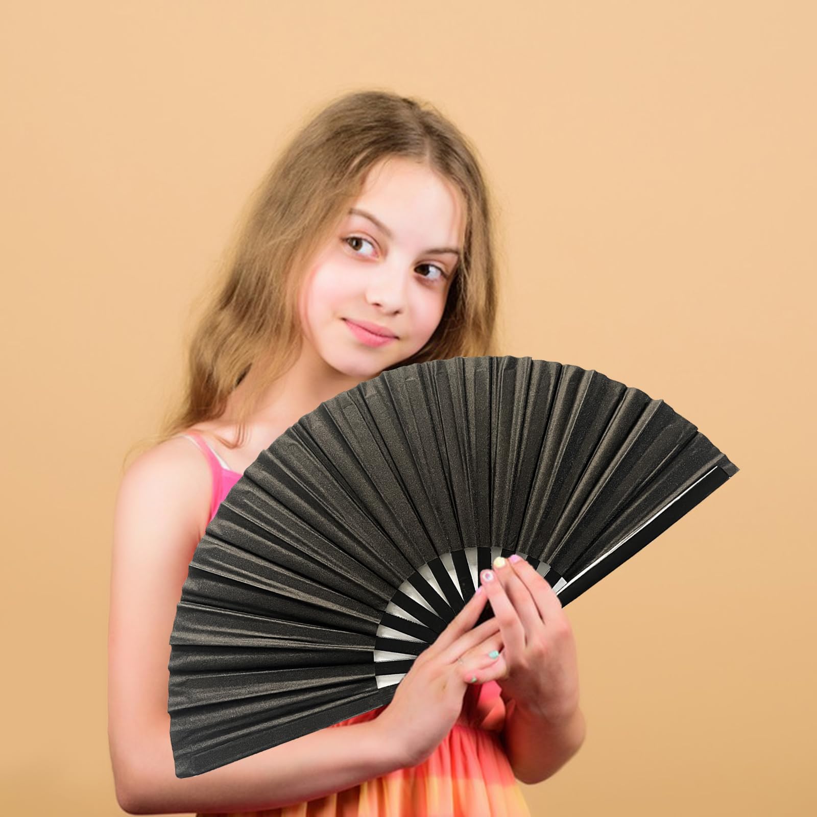 Dmjuncong Large Folding Hand Rave Fan,Clack Handheld Fan,Black Colors Hand Fan,For Festivals, Rainbow Outfits,Disco Party,Home D