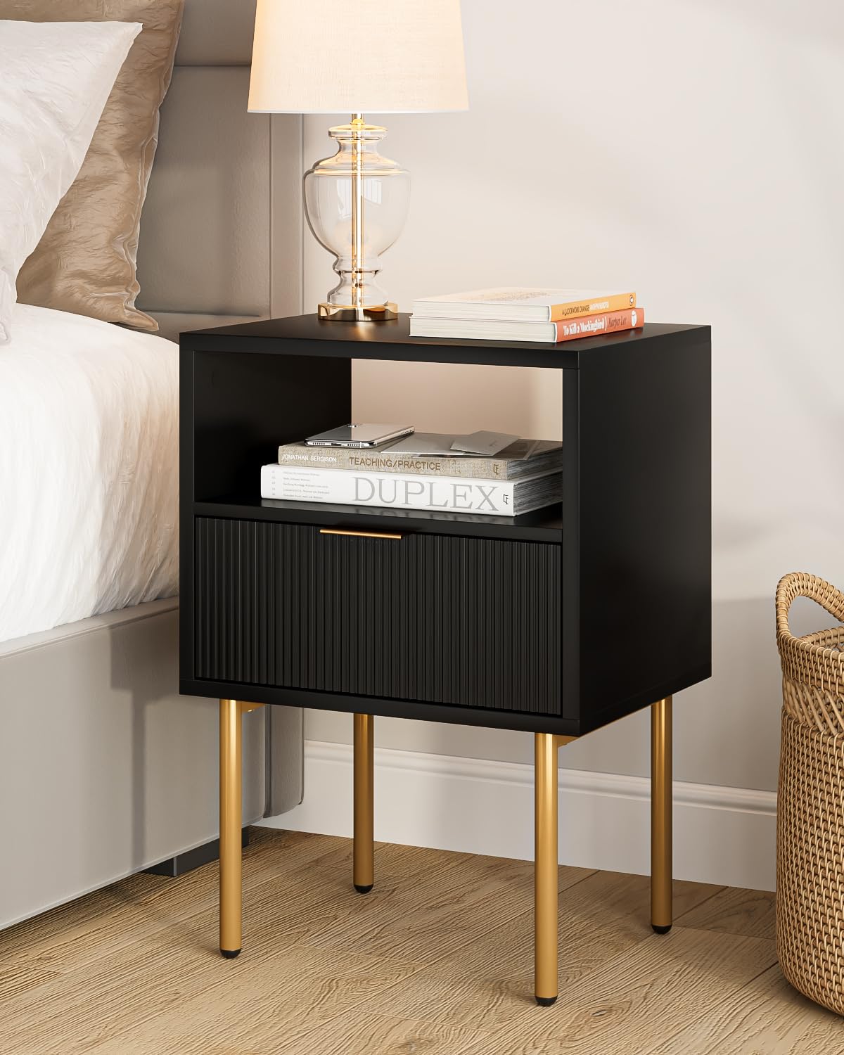 Masupu Nightstand,Mid-Century Modern Bedside Table With Storage Drawer And Open Wood Shelf,Small Gold Frame Side Table For Bedroom,Living Room,Black