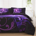 Wongs Bedding Purple Comforter Set Full Reversible Purple Rose Pattern Bedding Comforter With 2 Pillowcases For All Seasons, Sof