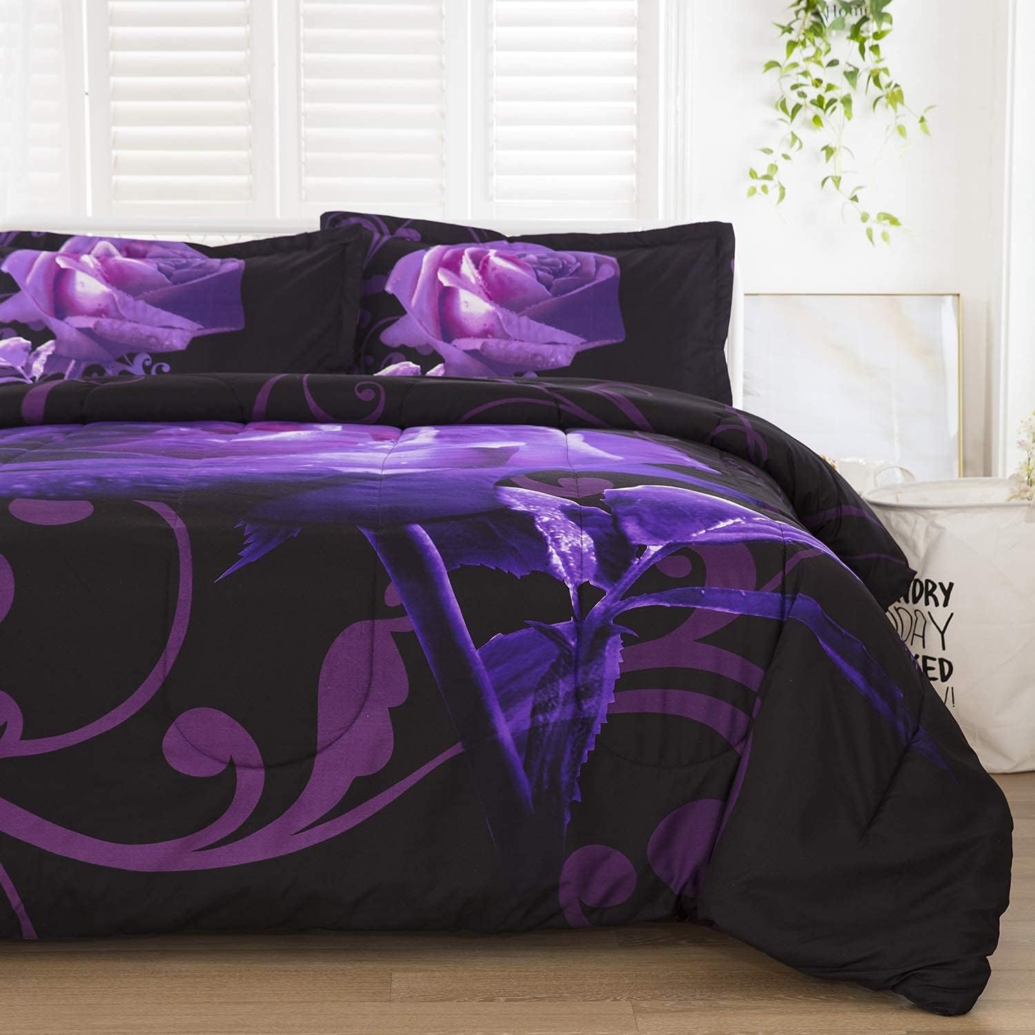 Wongs Bedding Purple Comforter Set Full Reversible Purple Rose Pattern Bedding Comforter With 2 Pillowcases For All Seasons, Sof