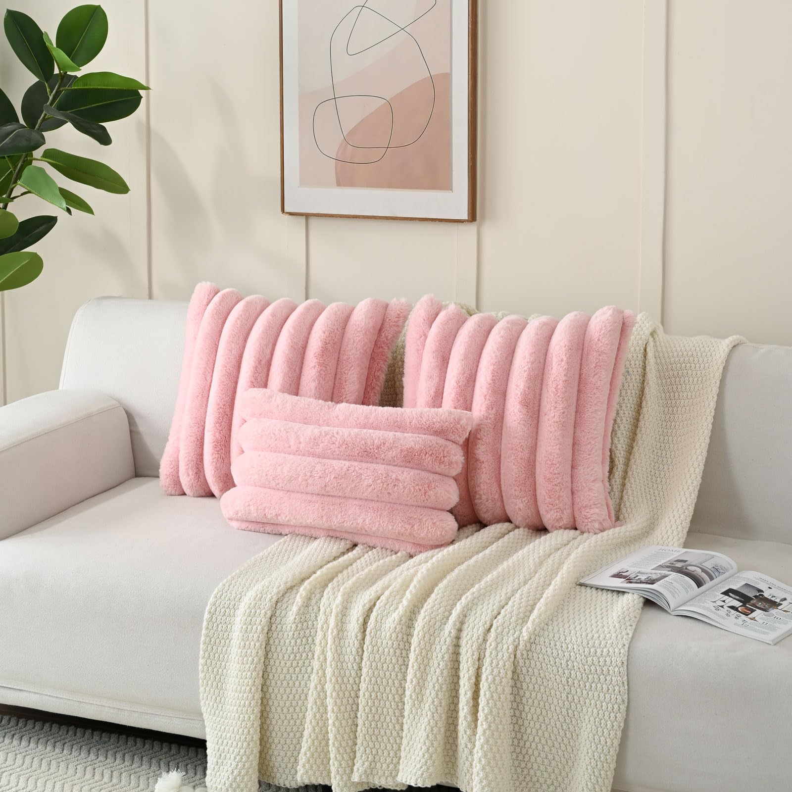 Futei Pink Decorative Throw Pillow Covers 12X20 Inch Set Of 2, Square Soft Faux Rabbit Fur Big Striped Cushion Cover,Home Decor