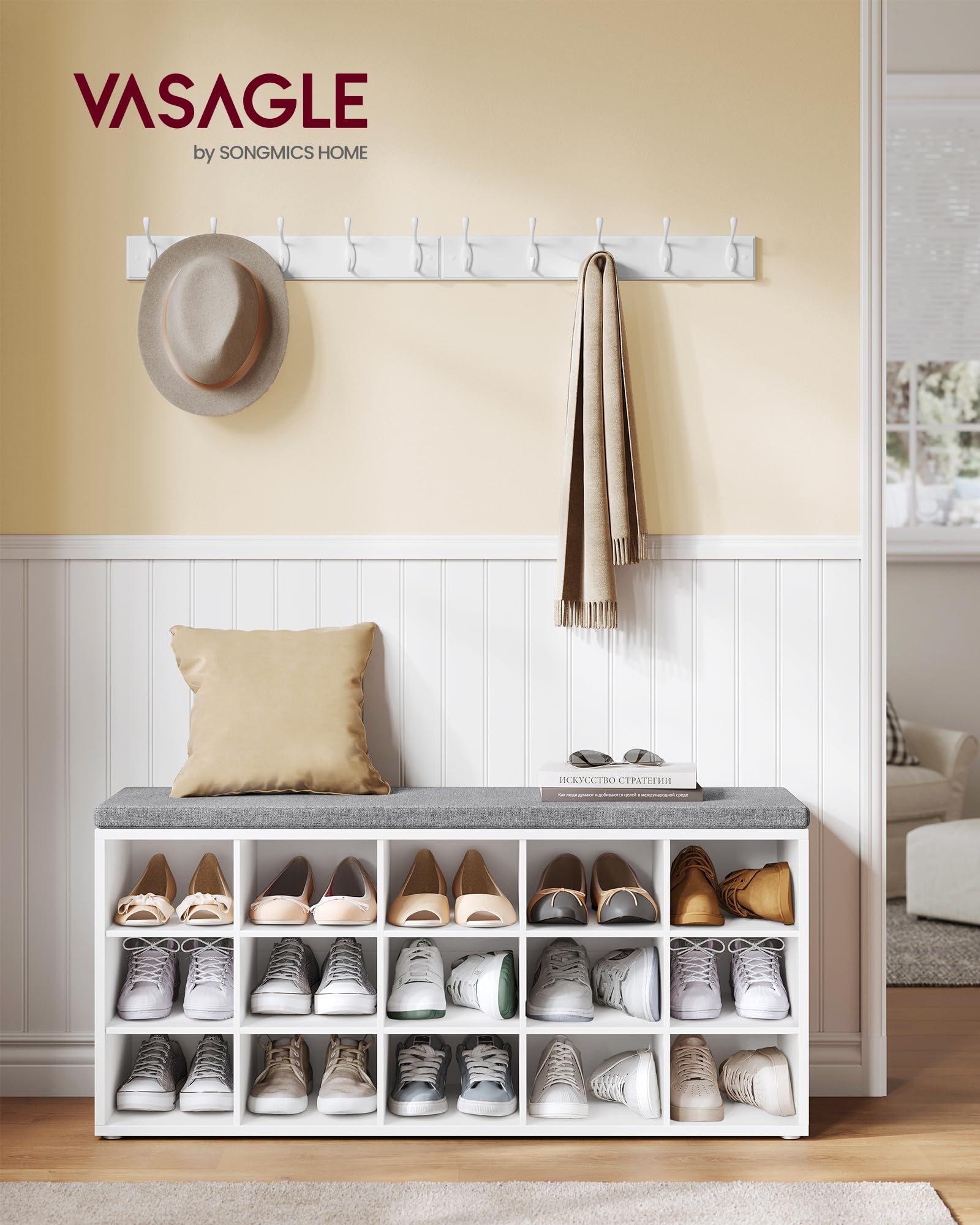 Vasagle Shoe Bench With Cushion, Storage Bench With Padded Seat, Entryway Bench With 15 Compartments, For Bedroom, 11.8 X 41.3 X 18.9 Inches, Cloud White And Dove Gray Ulhs15Wt