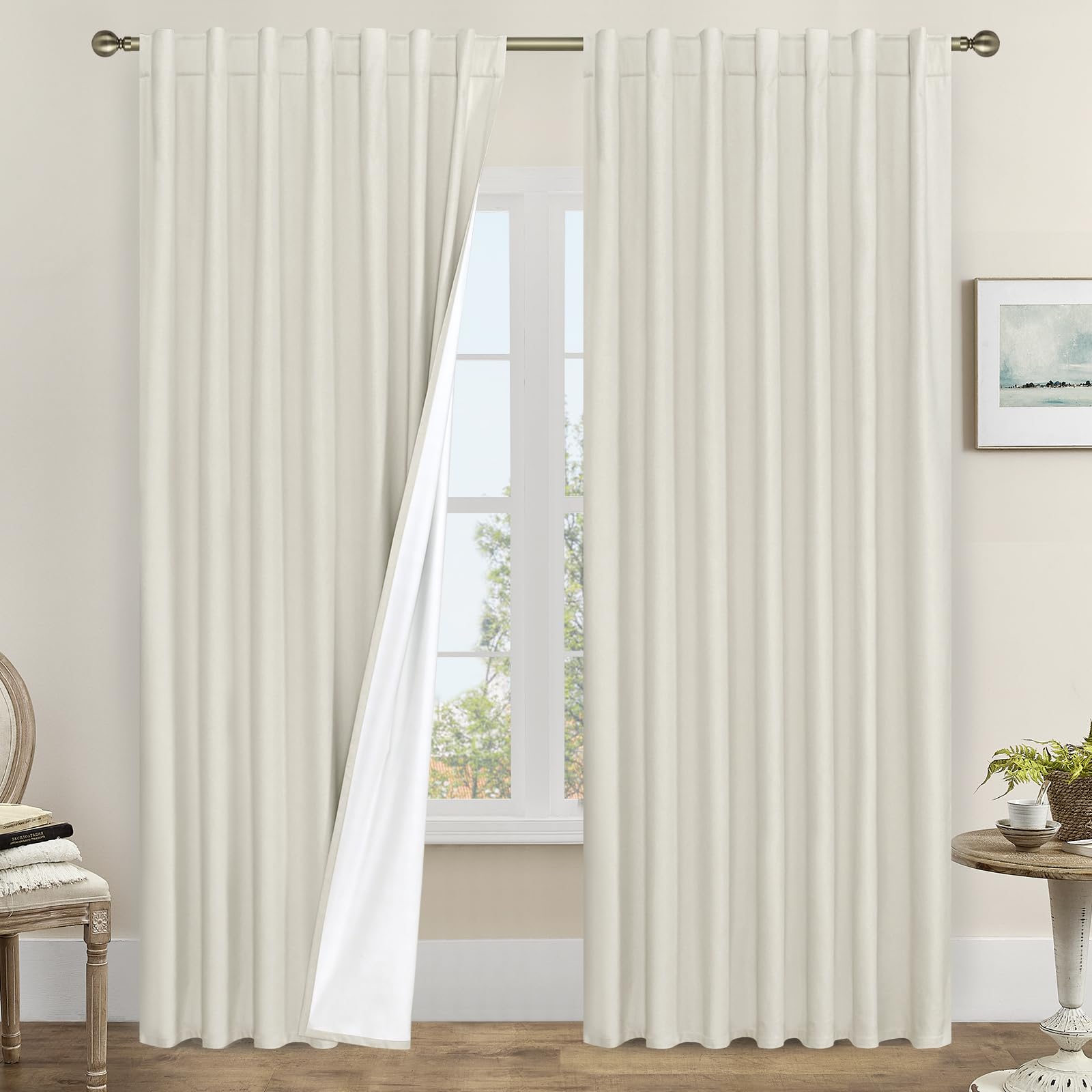 LAMIT 100% Blackout Linen Curtains 95 Inches Long, Living Room Farmhouse Drapes Full Room Darkening Back Tab and Rod Pocket Pane