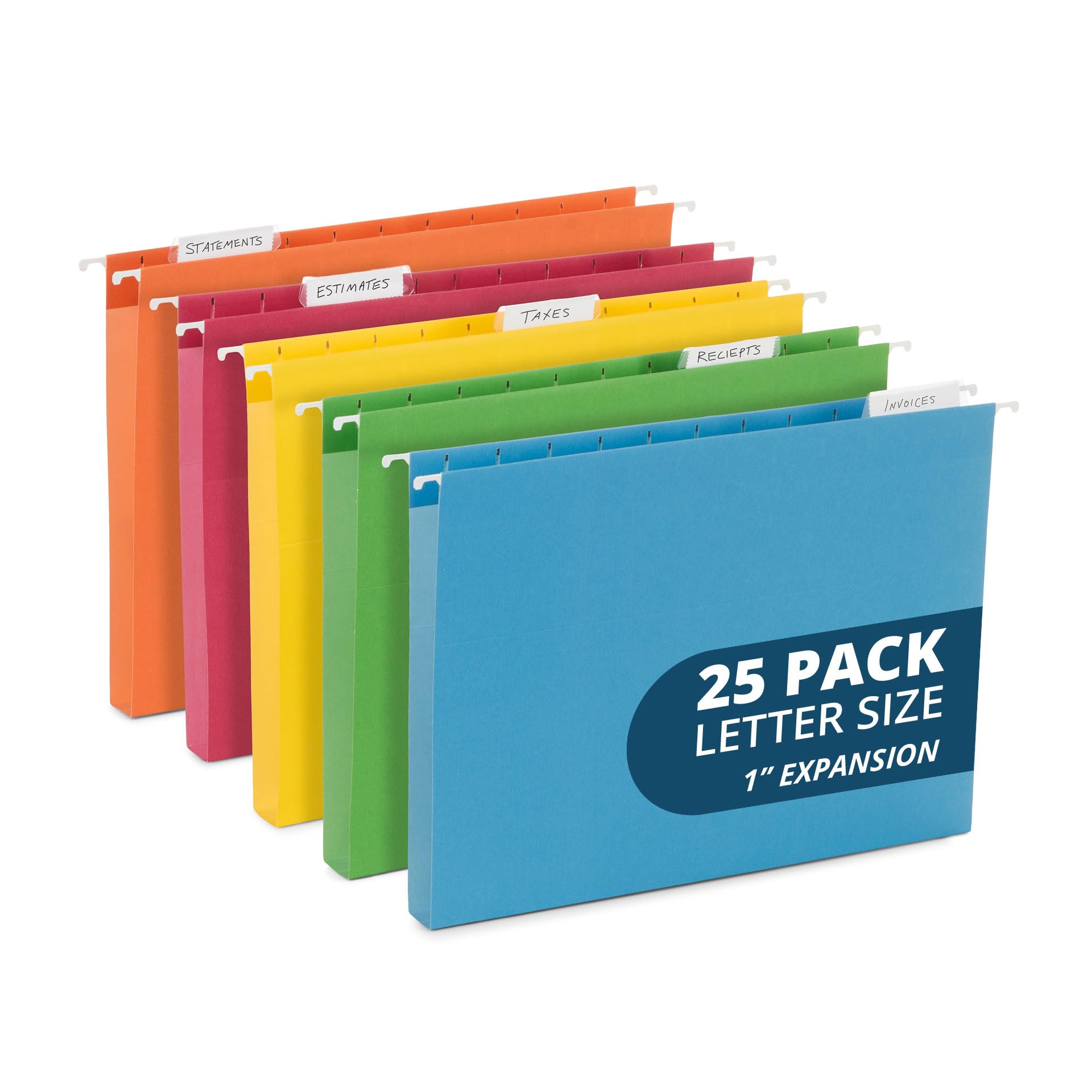25 Blue Summit Supplies Hanging File Folders 1 Inch Expansion, Assorted Colors Hanging File Folders Extra Capacity 1 Inch, 11Pt