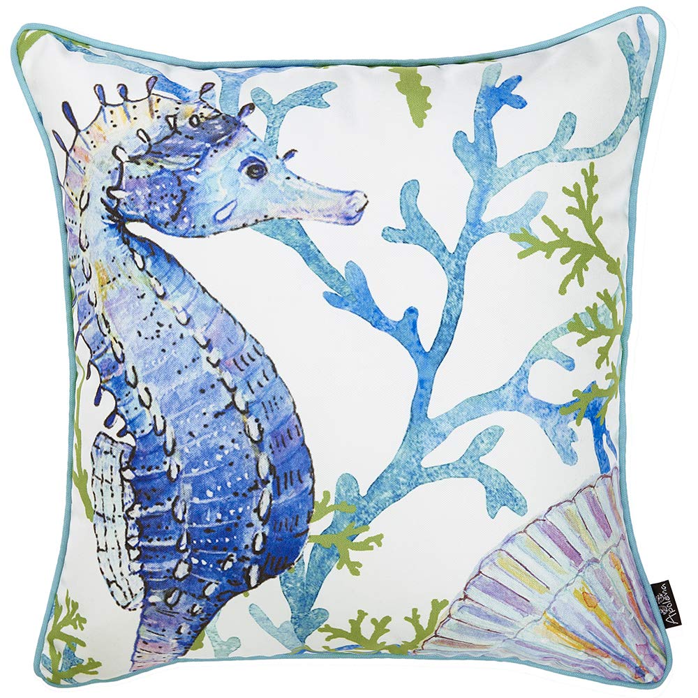 HomeRoots White Polyester 18'x18' Marine Seahorse Decorative Throw Pillow Cover Printed