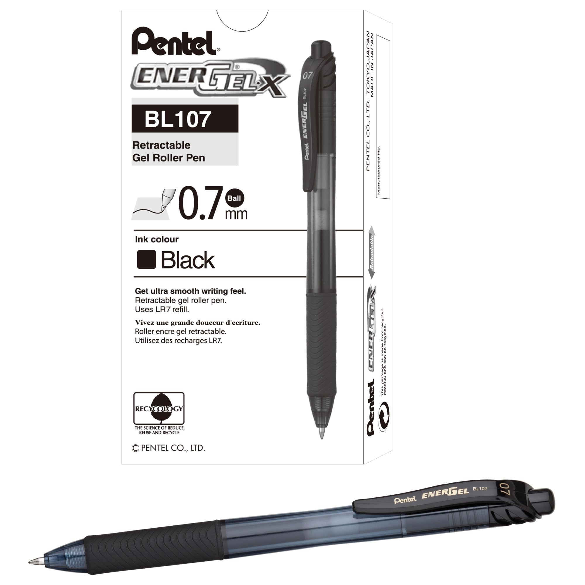 Pentel Energel X Retractable Liquid Gel Pens, Medium Point, 0.7 Mm, 84% Recycled, Assorted Barrels, Black Ink, Box Of 12 Pens