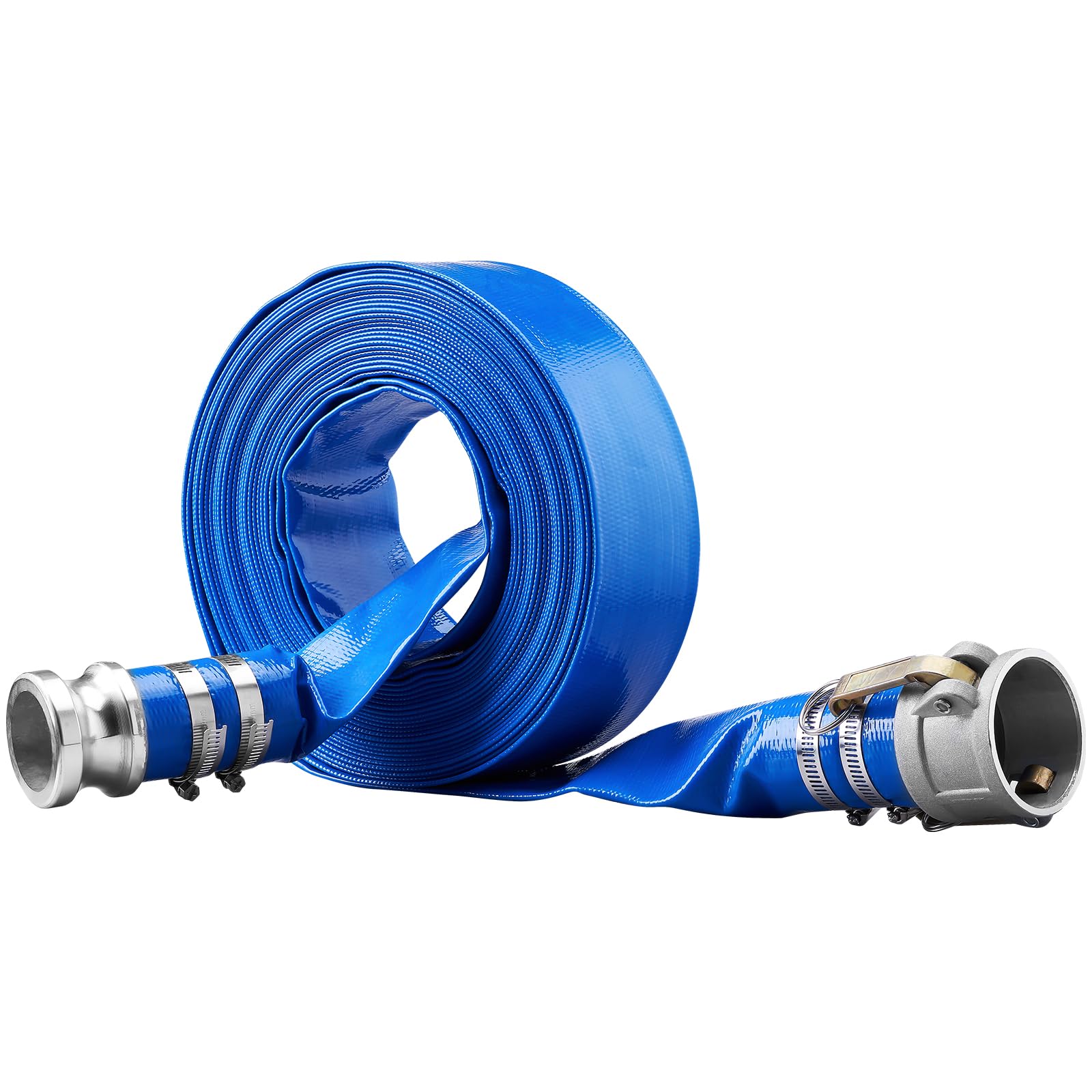 VEVOR Pool Backwash Hose, 2 in x 50 ft, Heavy-Duty PVC Flat Pool Discharge Hose with Aluminum Camlock C & E Fittings, Clamps, fo
