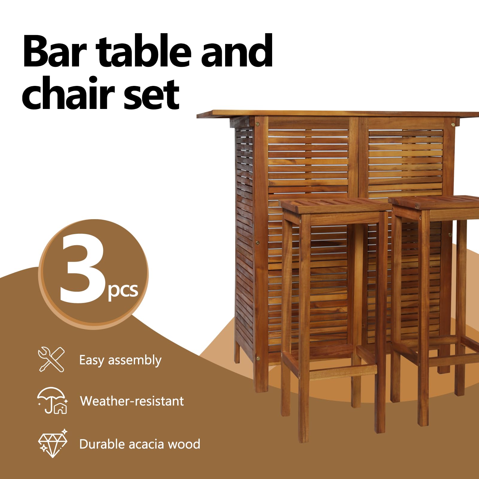 vidaXL Bar Table and Chair Set 3 Piece, Dining Table Set for Outdoor, Bar Table for Garden Yard, Patio Bar Stool, Farmhouse Style, Solid Acacia Wood