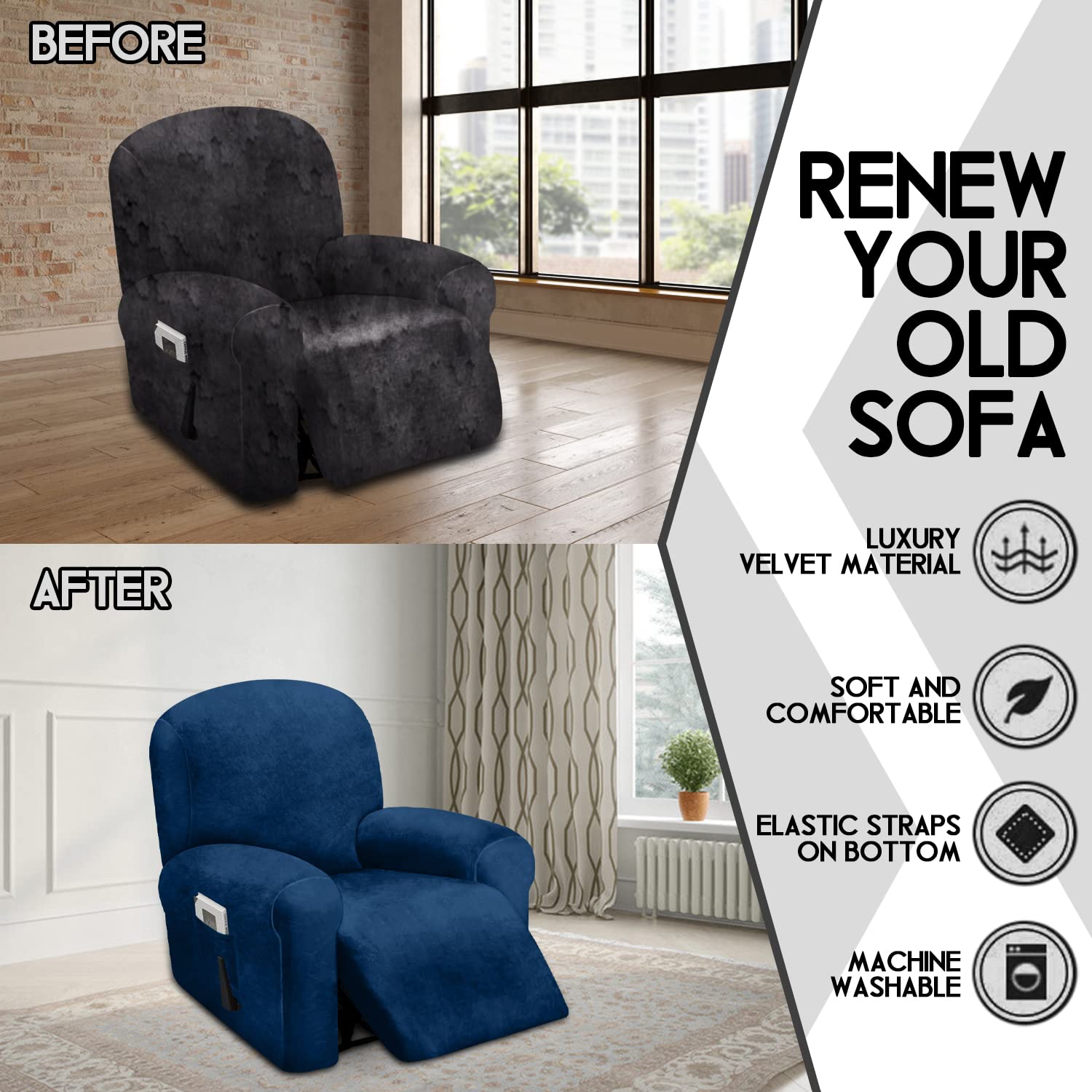 Ulticor 4-Piece, 1 Seat Recliner Cover, Velvet Stretch Reclining Chair Covers For 1 Cushion Reclining Sofa, Single Seat Recliner