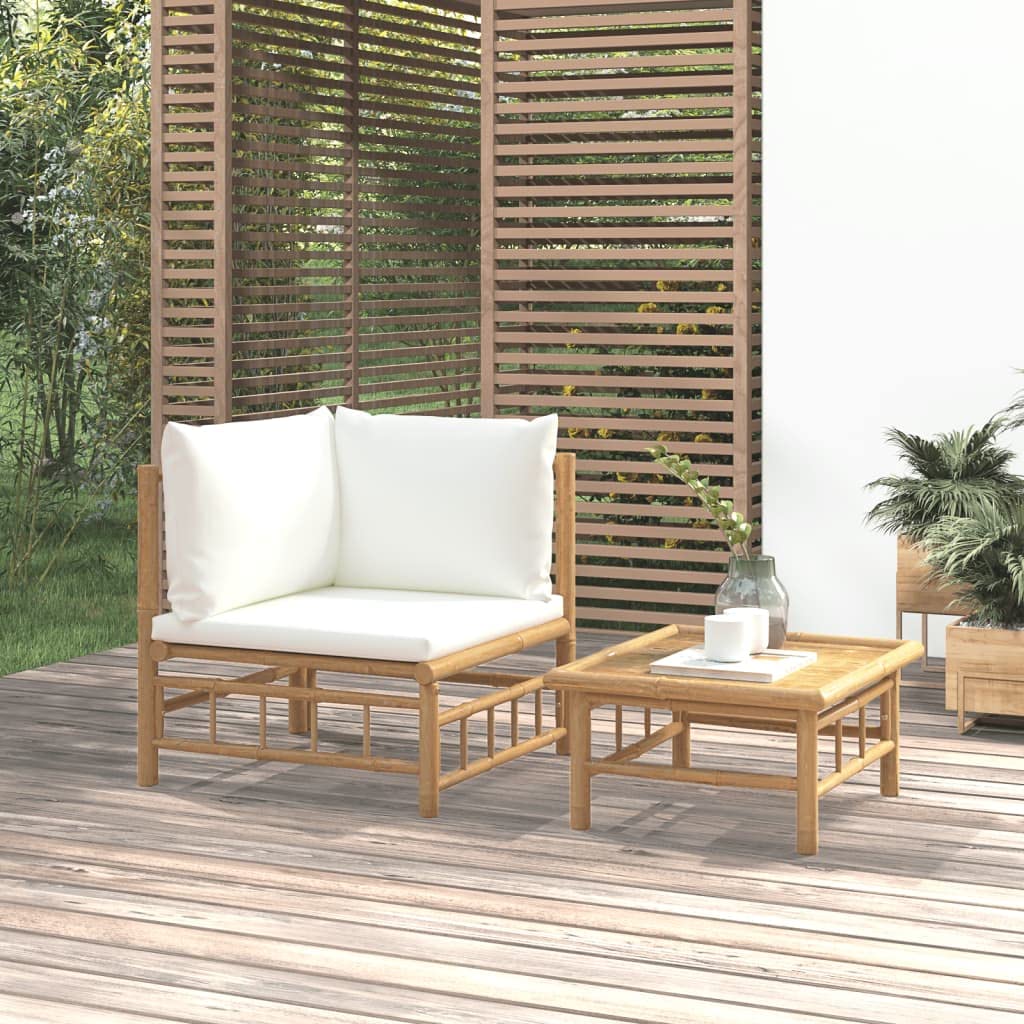 vidaXL 2-Piece Bamboo Patio Lounge Set with Cream White Cushions - Sturdy Outdoor Furniture with Modular Design and Comfortable Seating Experience
