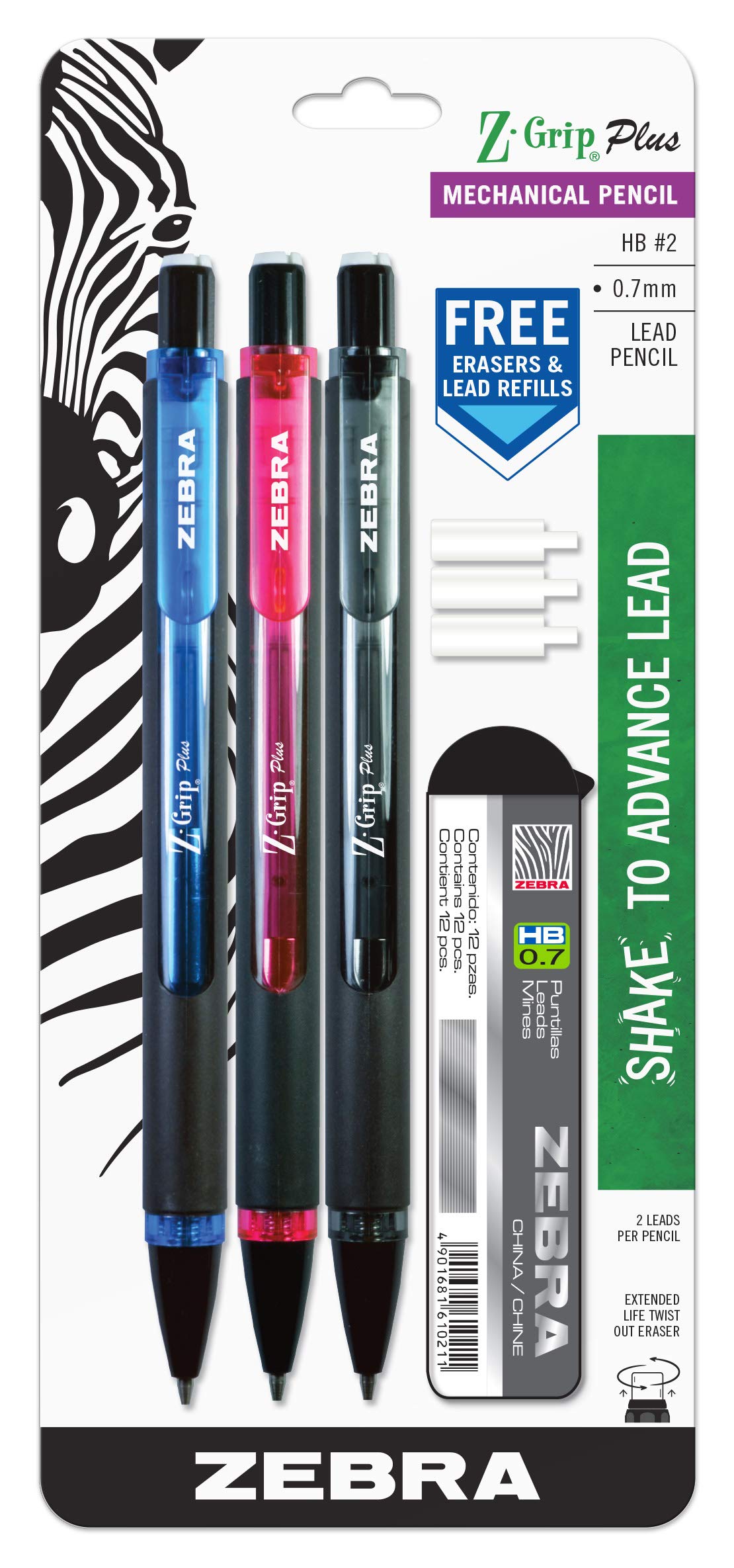 Zebra Pen Z-Grip Plus Mechanical Pencil 0.7mm Assorted Colors Plastic 3-Pack