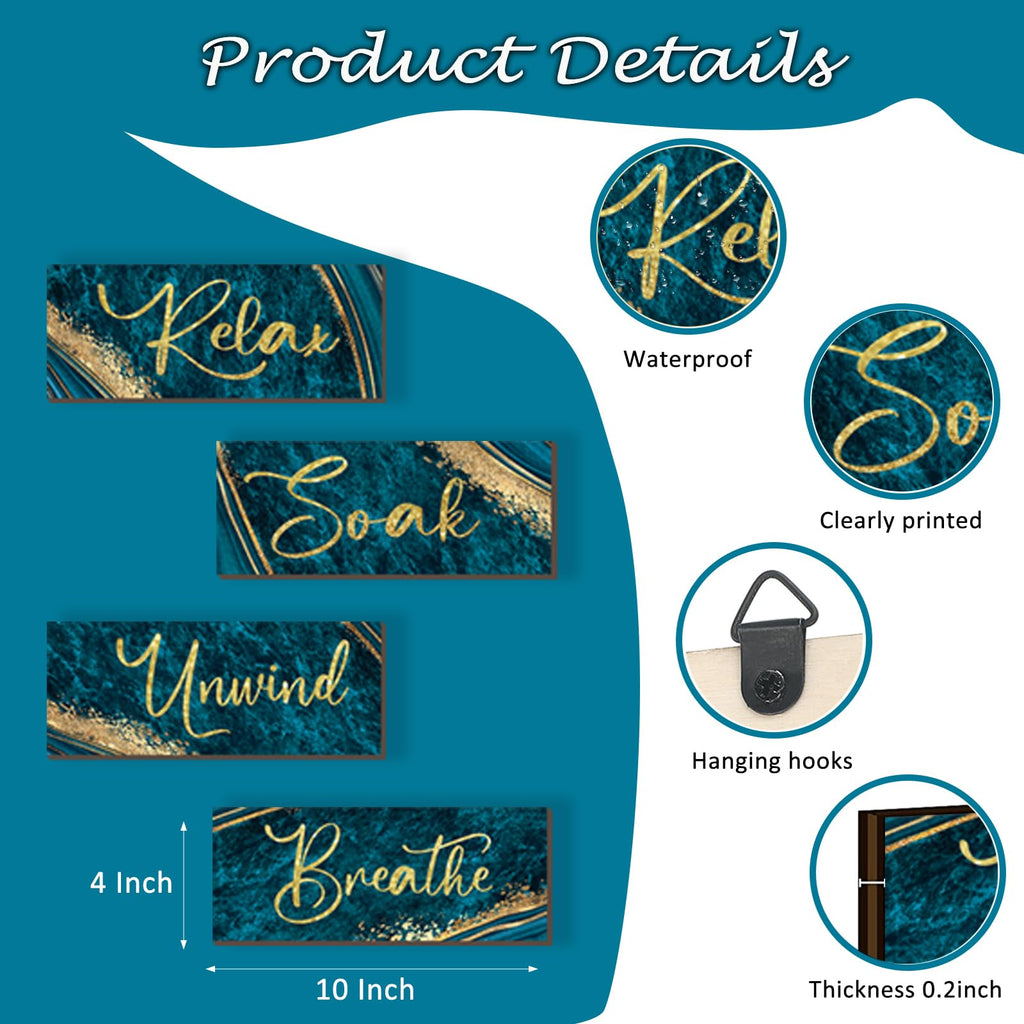 Onizhity 4 Pcs Teal And Gold Bathroom Decor Navy Teal Gold Wall Decor Relax Soak Unwind Breathe Wooden Rustic Marble Style Versa