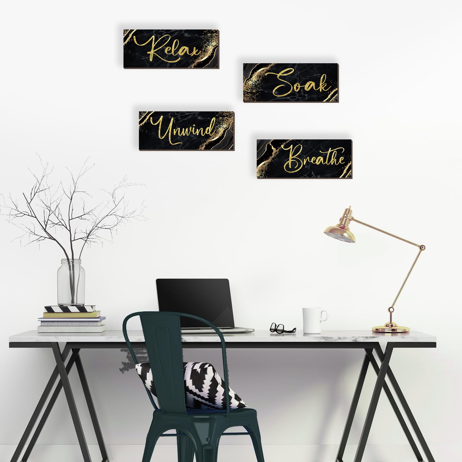 Onizhity 4 Pcs Black And Gold Bathroom Decor Black Gold Wall Decor Relax Soak Unwind Breathe Wooden Rustic Marble Style Bathroom