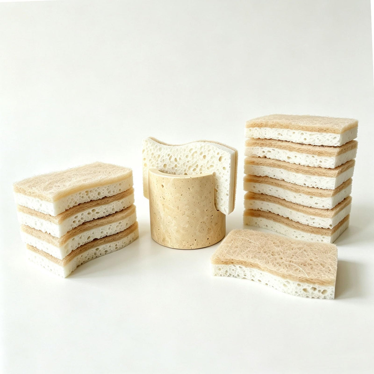 Natural Travertine Sponge Holder w/ 12 PlantBased Kitchen Sponge Scrubber