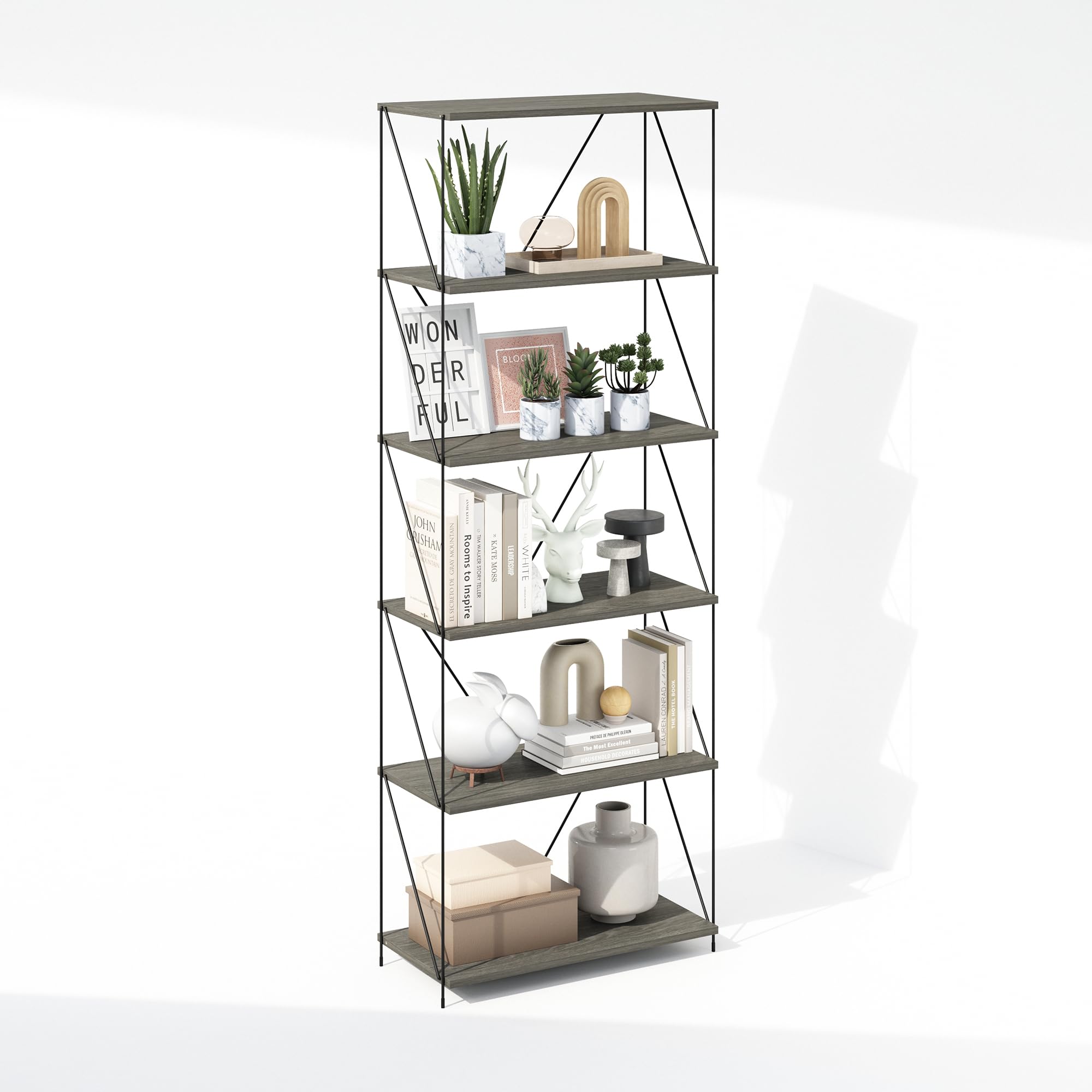 Furinno Wire 6-Tier Industrial Style Metal Frame Bookcase, Display Shelf, 24 Wide, Finn Oak