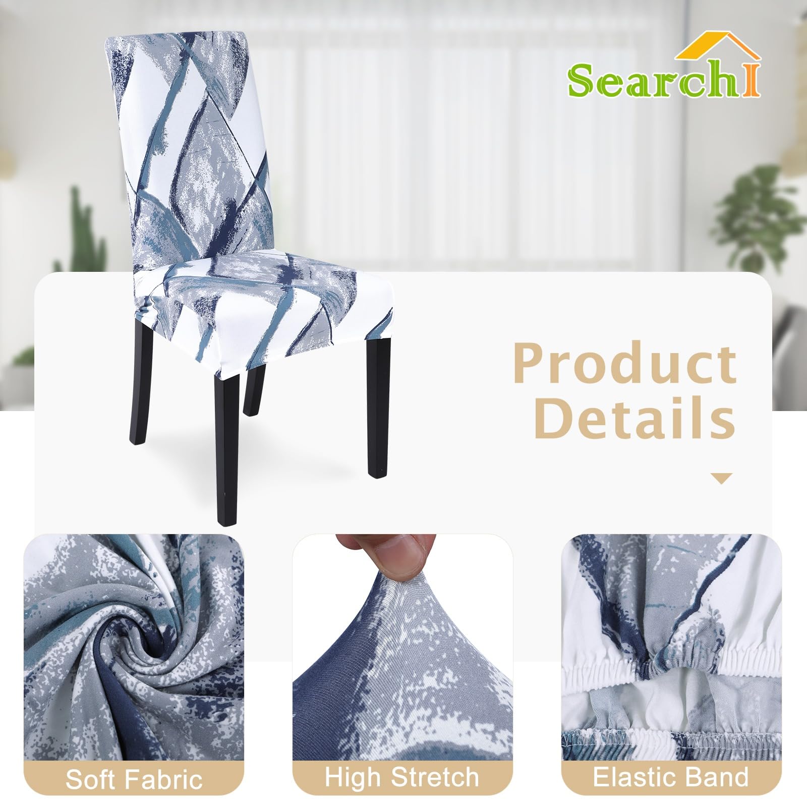 Searchi Printed Dining Room Chair Covers Set Of 4, Stretch Kitchen Chair Covers Washable Parsons Chair Slipcover Removable Dining Chair Protectors For Hotel,Ceremony(Blue/White)