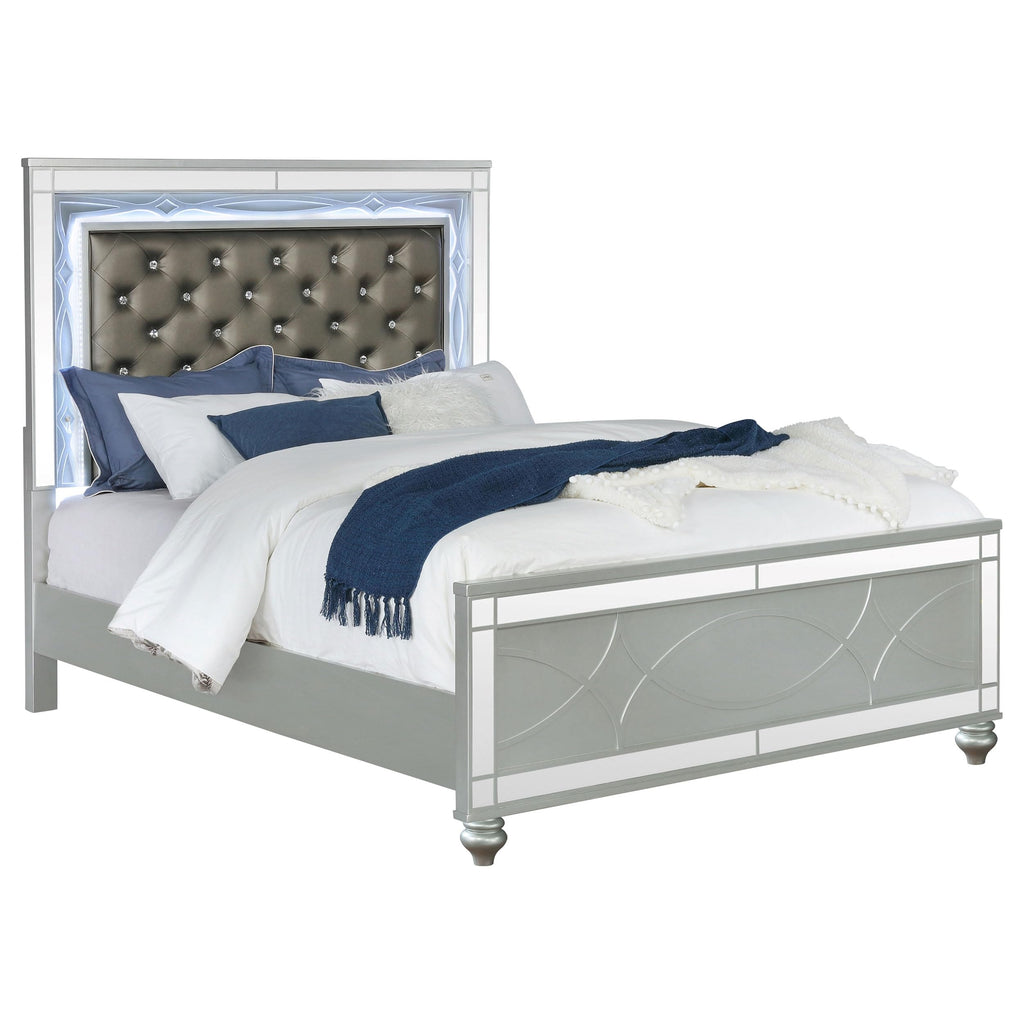 Coaster Home Furnishings Gunnison Modern Classic Leatherette Upholstered Queen Size LED Panel Bed Frame 63-inch Headboard Silver Metallic 223211Q