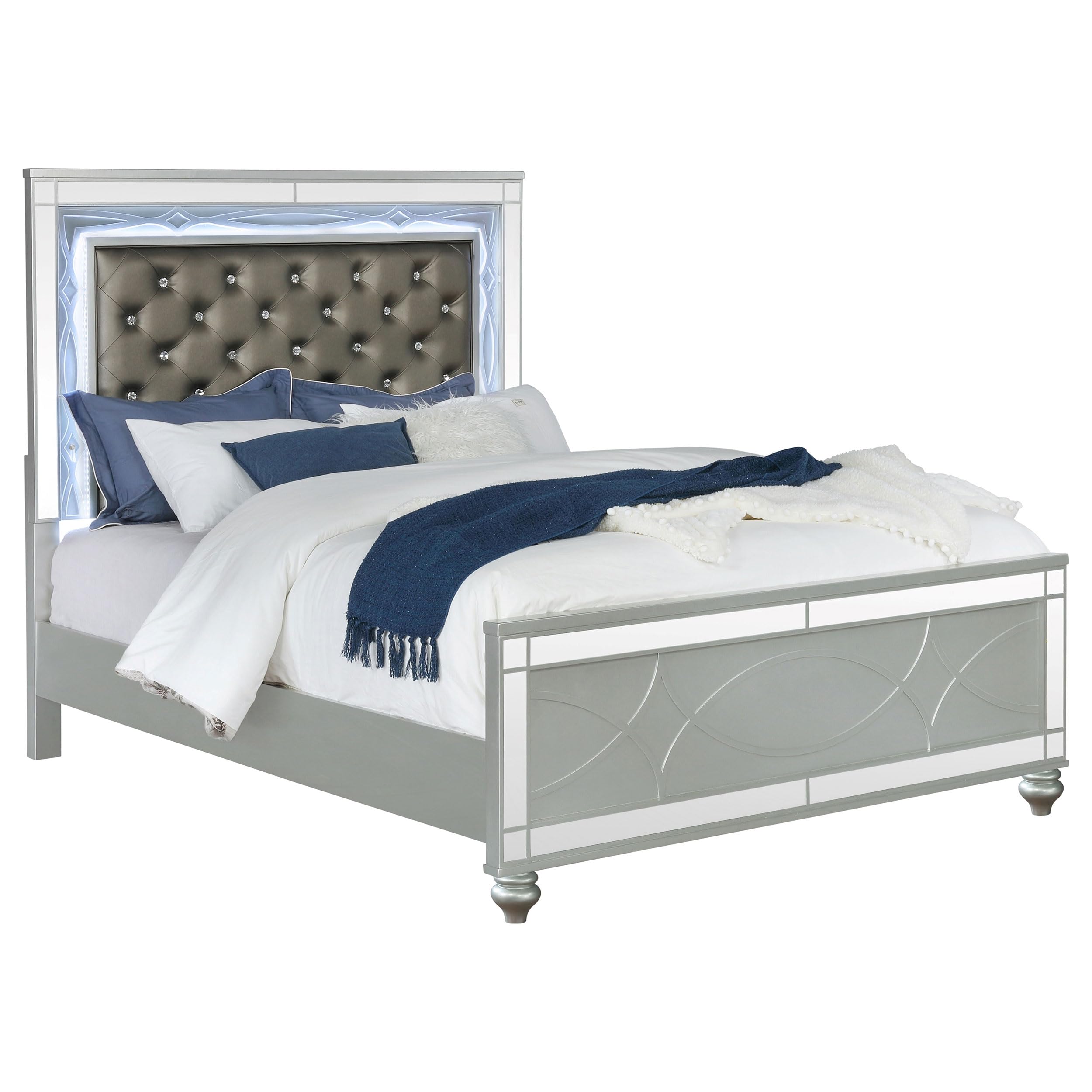 Coaster Home Furnishings Gunnison Modern Classic Leatherette Upholstered Eastern King Size LED Panel Bed Frame 63-inch Headboard Silver Metallic 223211KE
