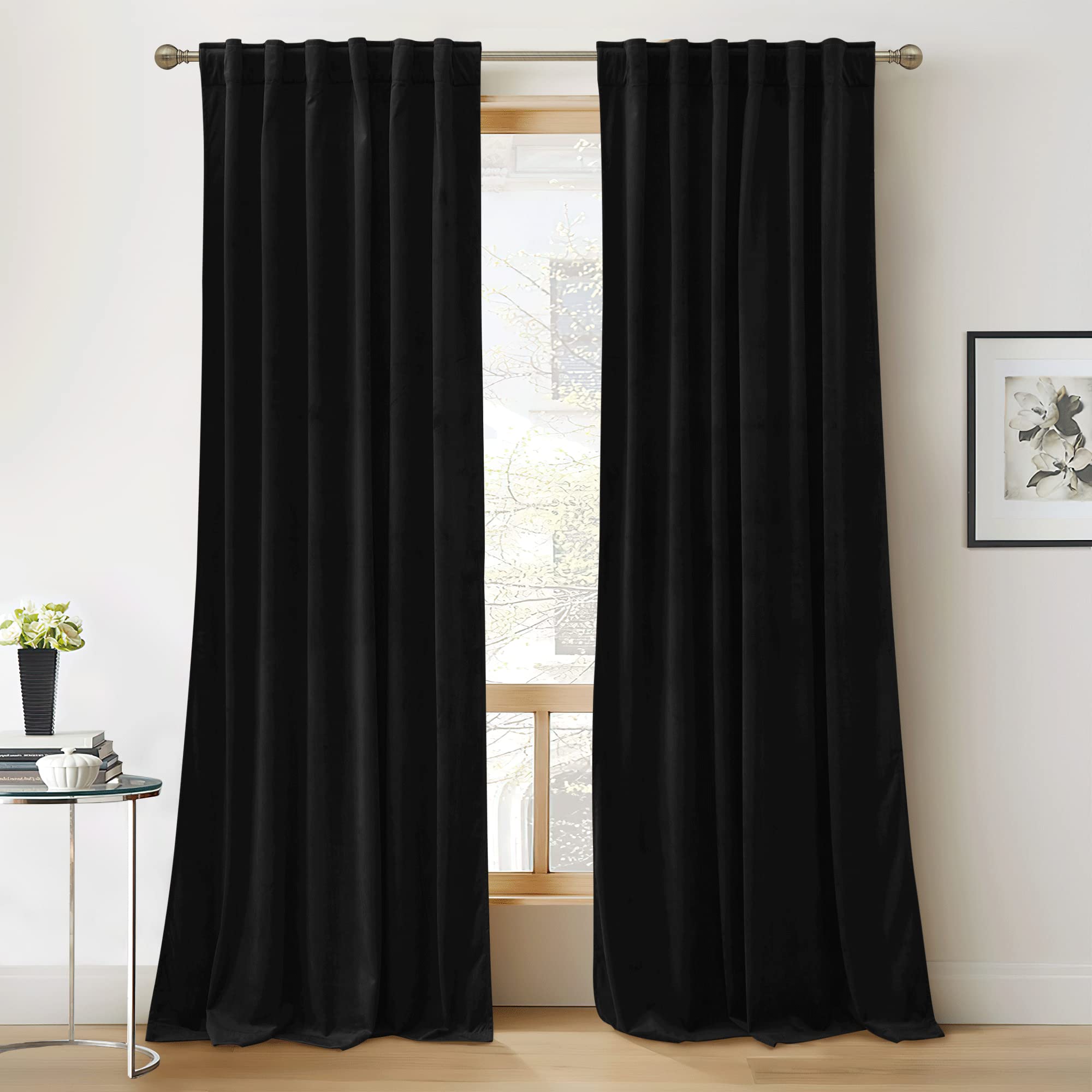 Ryb Home Blue Velvet Curtains 84 Inches- Blackout Curtains For Living Room, Thermal Insulated Noise Reducing Panels Soft Luxury Window Decor For Bedroom, Stone Blue, W52 X L90 Inches, 2 Panels
