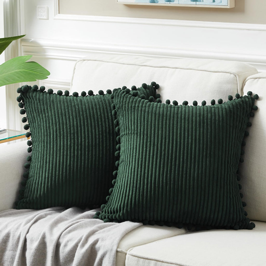 Fancy Homi Set Of 2 Dark Green Boho Decorative Throw Pillow Covers 18X18 Inch With Pom-Poms For Living Room Couch Bed Sofa Bedro