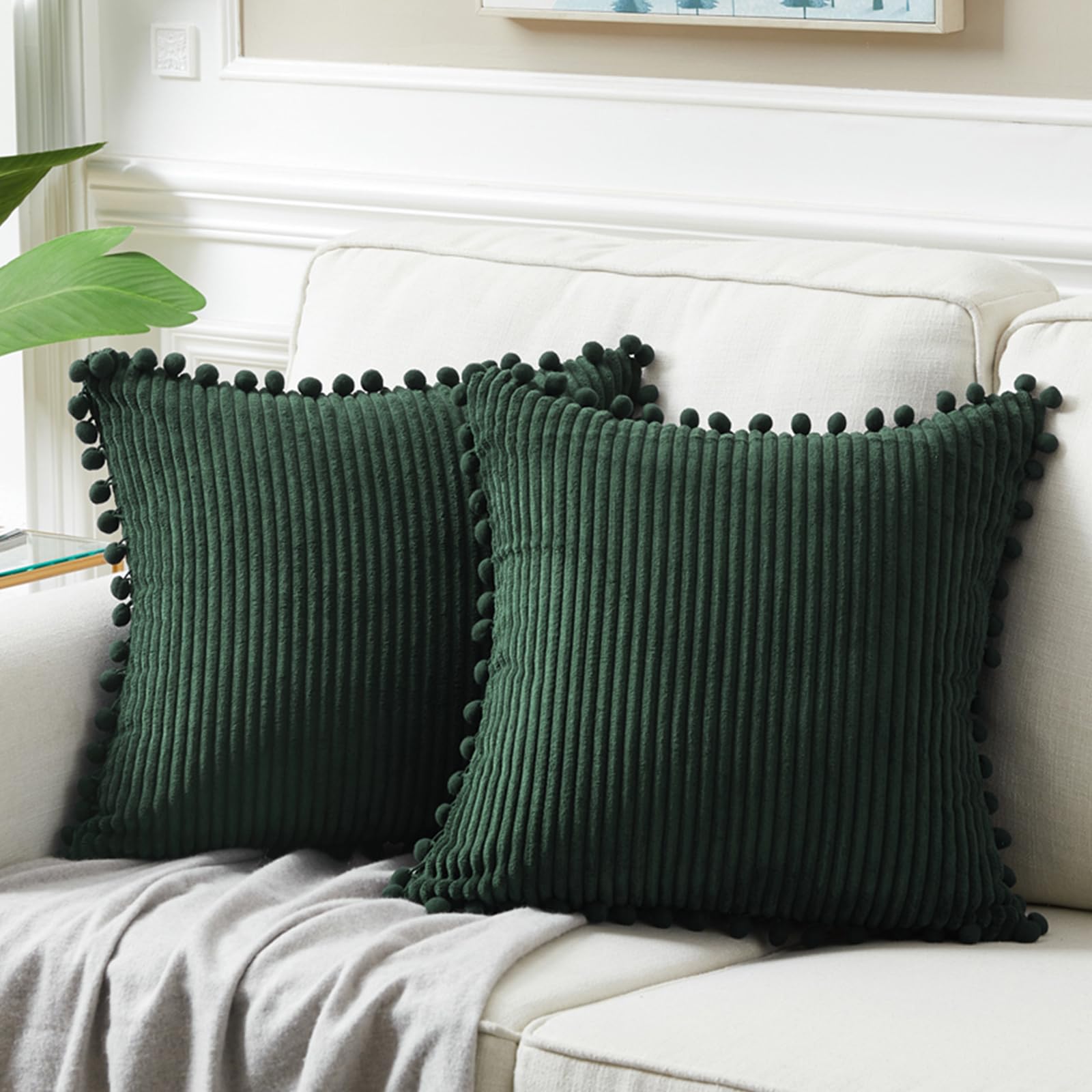 Fancy Homi Set Of 2 Dark Green Boho Decorative Throw Pillow Covers 18X18 Inch With Pom-Poms For Living Room Couch Bed Sofa Bedro