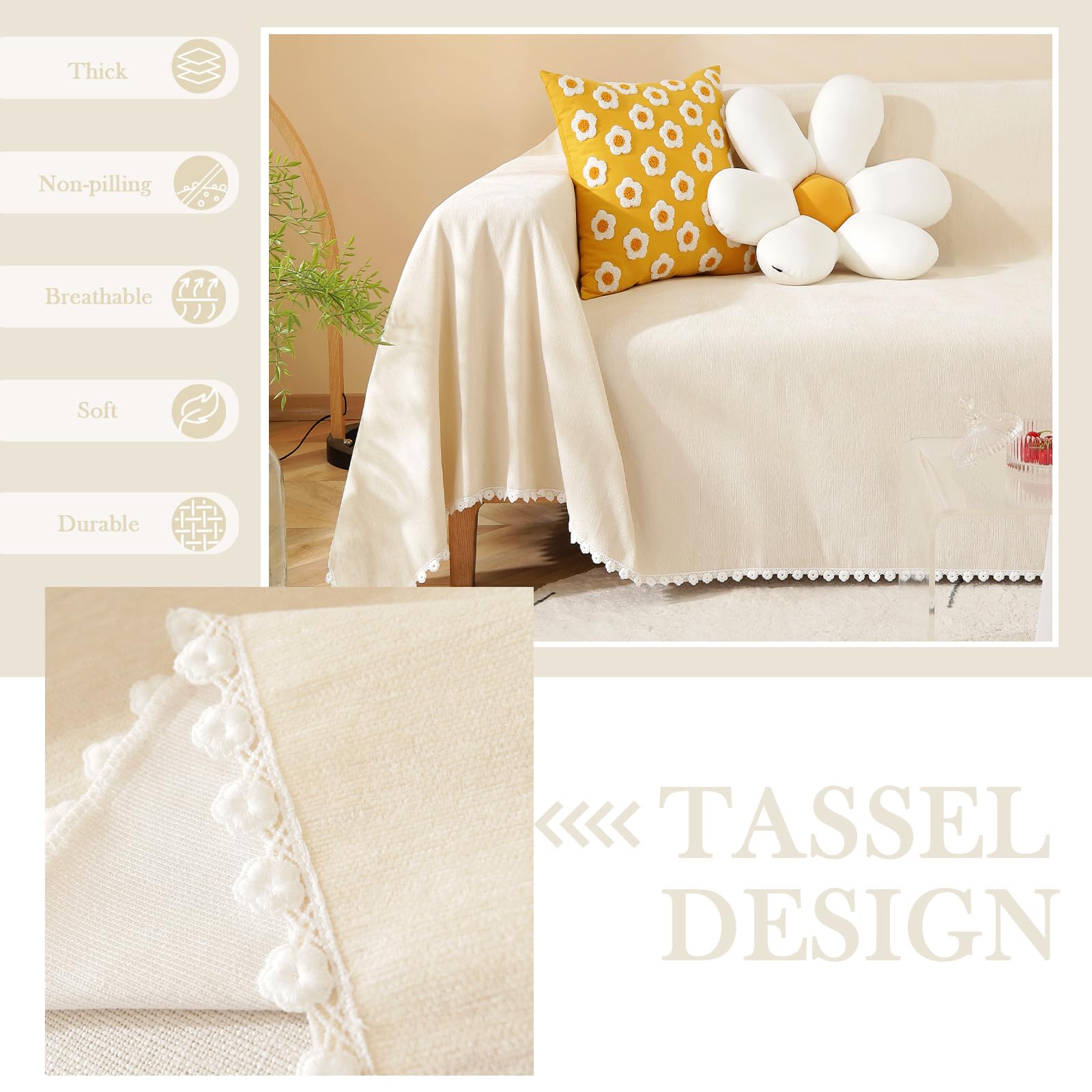 Handontime Beige Couch Covers For 3 Cushion Couch Sofa Cute Sofa Covers With White Daisy Lace Pet Couch Protector Thick Chenille Couch Cover For Dogs Sectional Sofa L Shape Futon Couch, 71' X150'