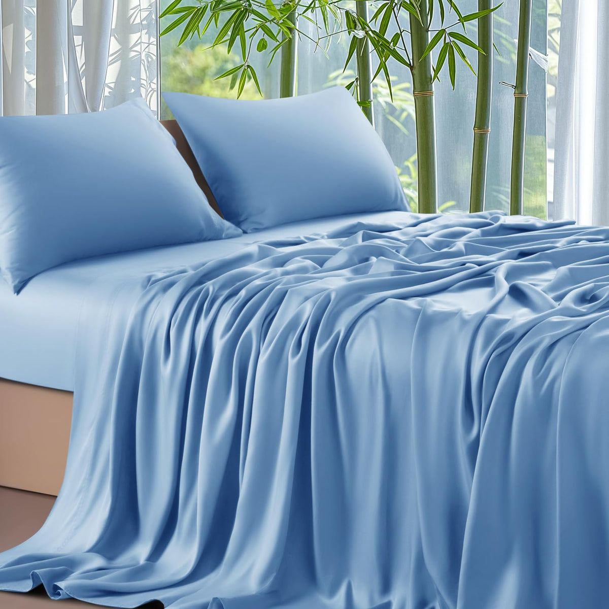 Shilucheng 100% Viscose Derived From Bamboo_ Sheets King Size 4Pcs - Ultra Cooling & Silky Soft Bed Sheets, 16' Deep Pocket, Pe