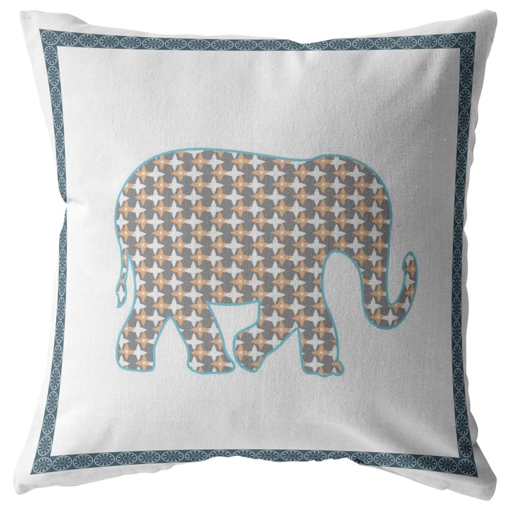 HomeRoots Muted Gold On White Broadcloth 18â€ Gold White Elephant Indoor Outdoor Zippered Throw Pillow