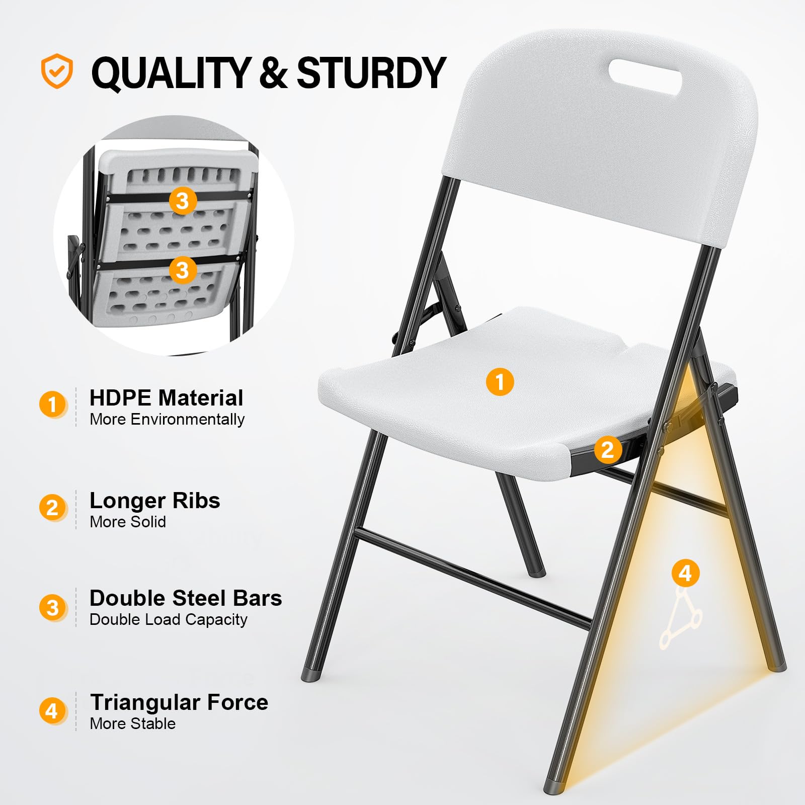 Vingli Folding Chairs, Heavy Duty Foldable Chair Portable Hdpe Plastic Seat With Steel Frame For Indoor Outdoor Dinning Party Wedding School Use, White, 6 Pack
